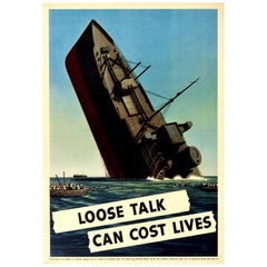 Original Vintage Poster Loose Talk Can Cost Lives WWII Sinking Ship Lifeboats