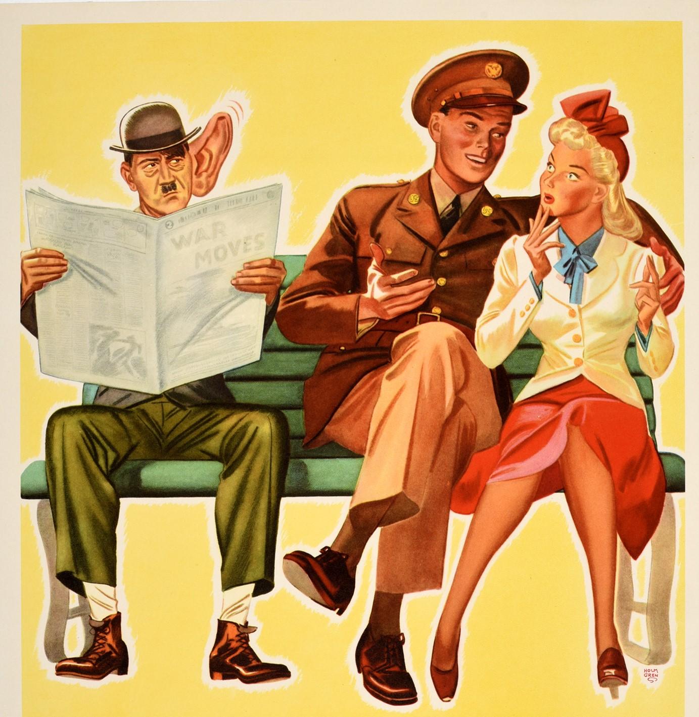 Original vintage World War Two propaganda poster - Loose Talk Can Cost Lives - featuring colourful artwork by John R. Holmgren (1897-1963) depicting a soldier in uniform with his arm around a surprised looking lady sitting on a bench, telling her