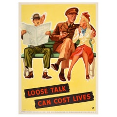 Poster Vintage original « Loose Talk Can Cost Lives », Deuxième Guerre Mondiale, Nouvelles, Défense Nationale