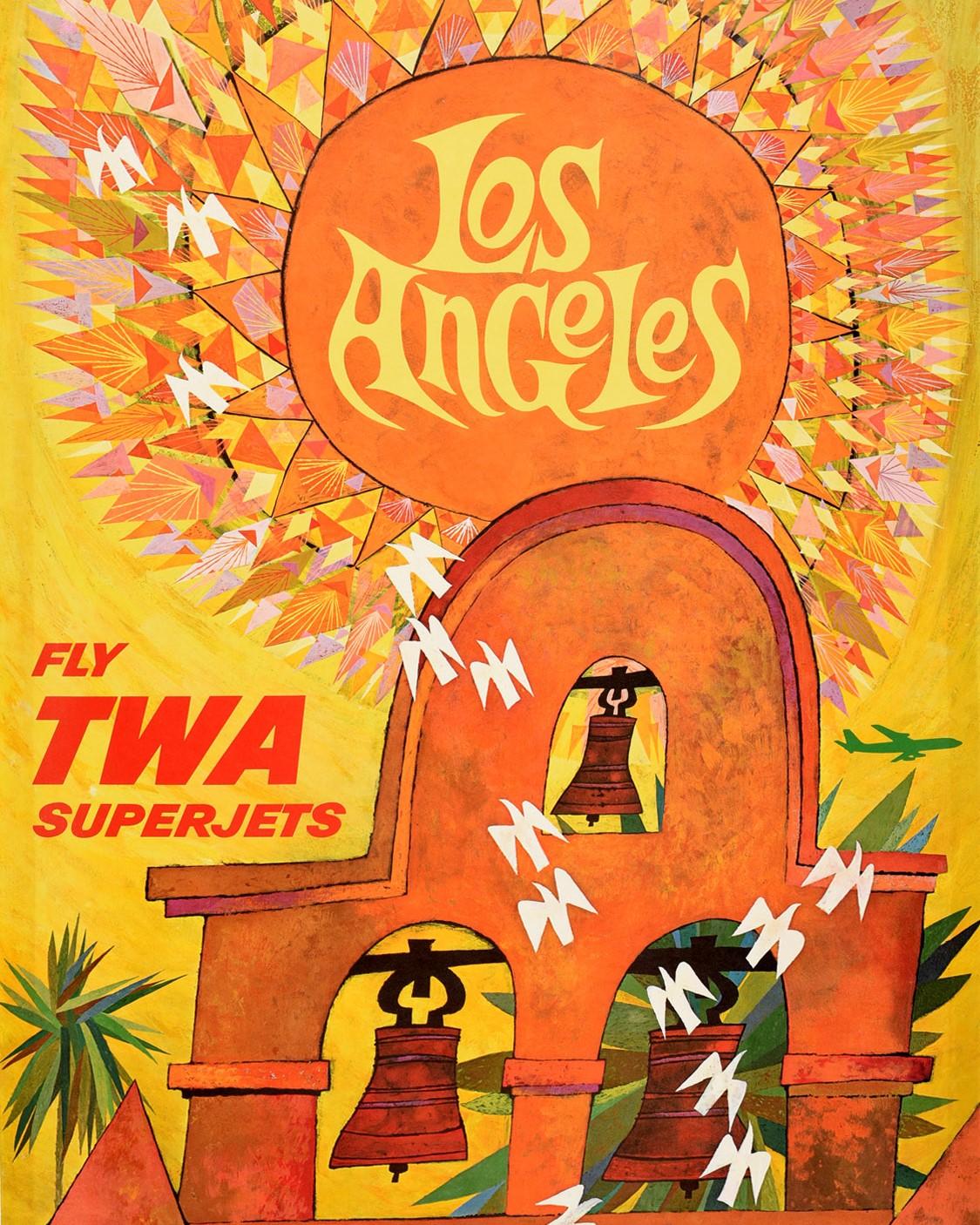 Original Vintage Poster Los Angeles Fly TWA Superjets Mission Bells Travel Art In Good Condition In London, GB