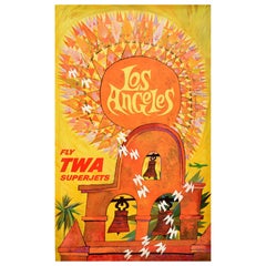 Original Vintage Poster Los Angeles Fly TWA Superjets Mission Bells Travel Art
