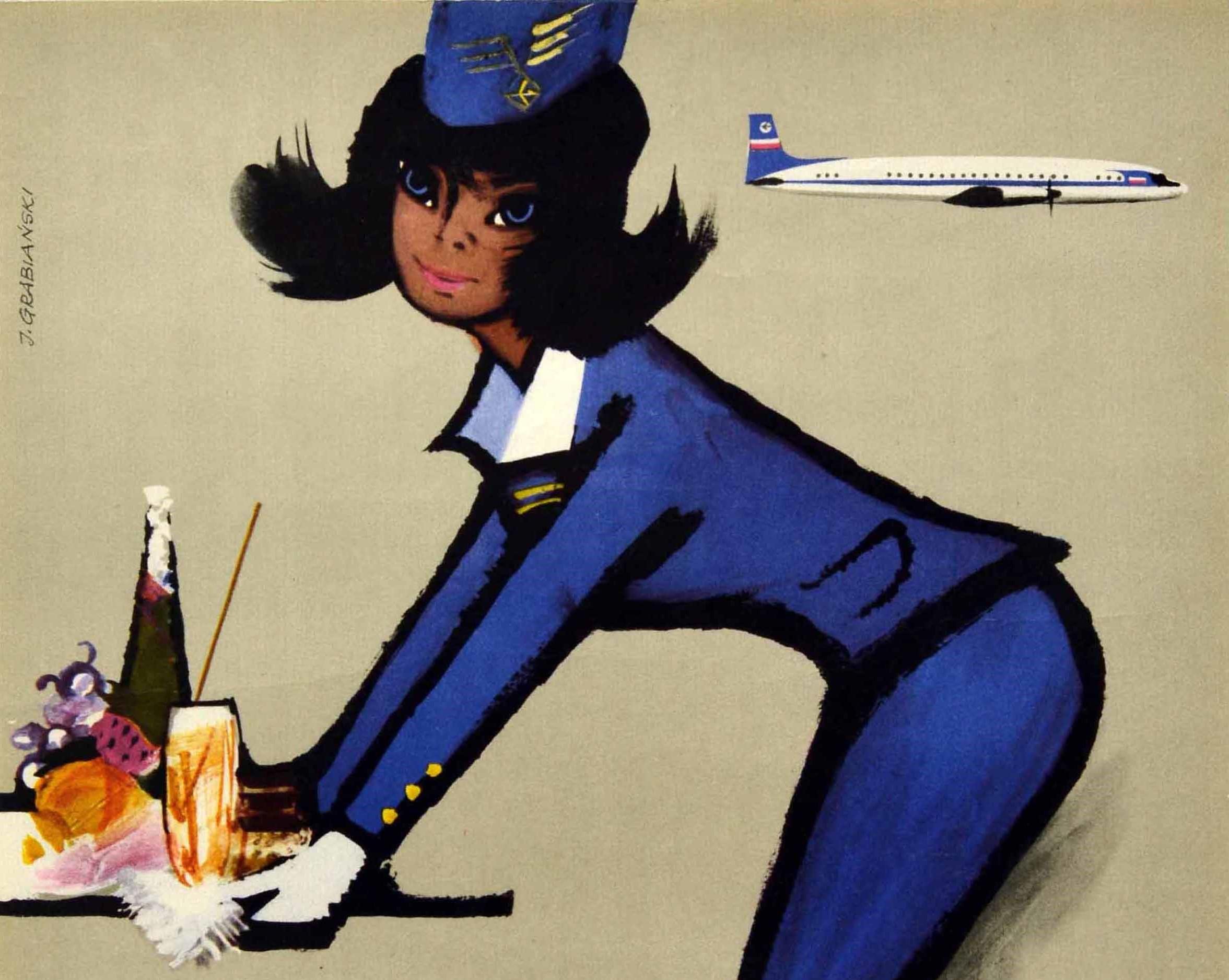 Original vintage advertising poster for LOT Polish Airlines (Polskie Linie Lotnicze; founded 1929) featuring a stylised image of an airline hostess in a blue stewardess uniform and cap with a LOT crane bird logo on it and white gloves, looking