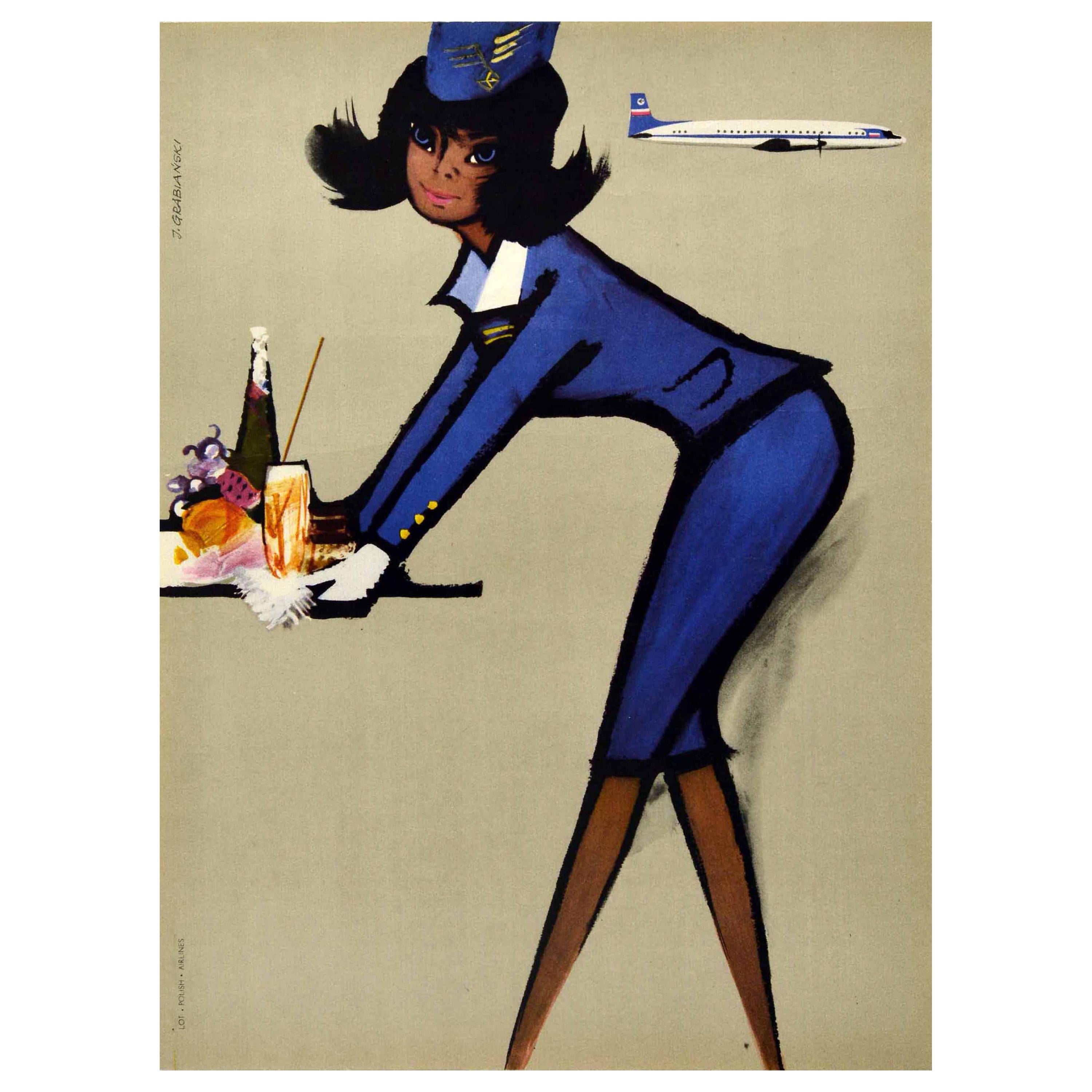 Affiche vintage originale, LOT Polish Airlines, Compagnies aériennes polonaises, Hôtesse de l'air