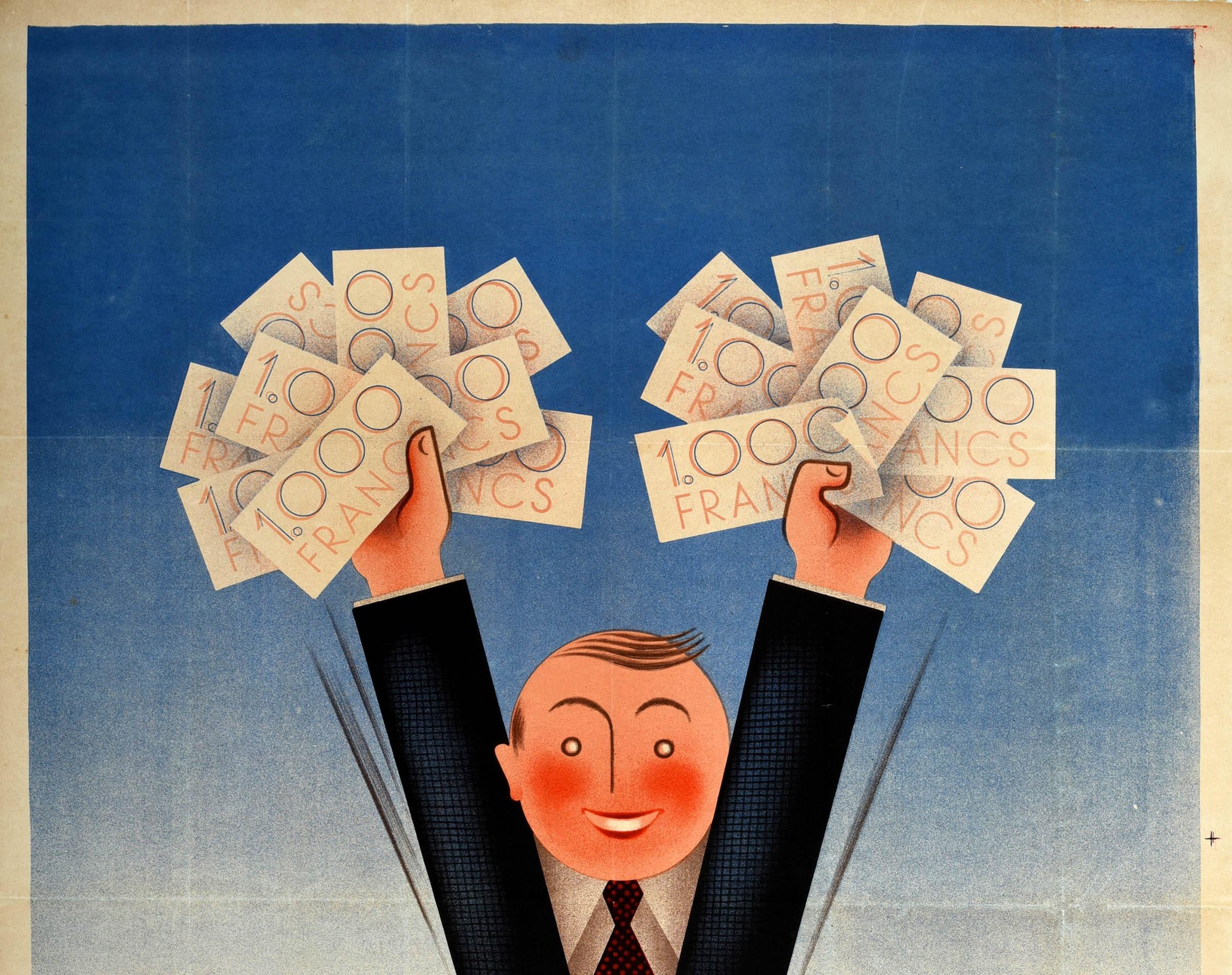 Original vintage advertising poster for the French National Lottery - Loterie Nationale - featuring a fun design depicting a smiling man in a suit jumping up in happiness and holding up notes of 1000 Francs in both hands. Artwork by Edgar Derouet