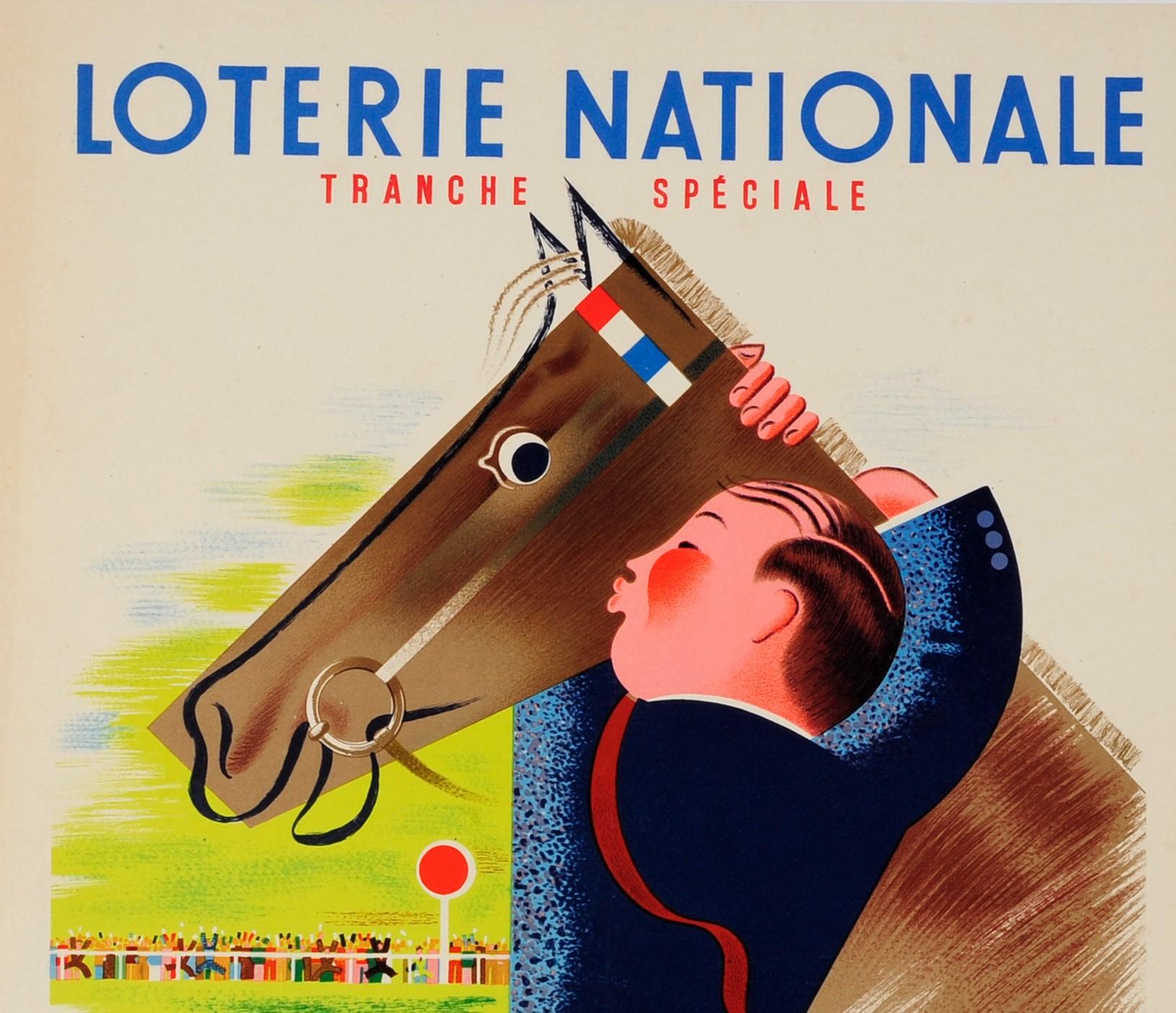Original vintage French national lottery advertising poster for the Loterie Nationale tranche speciale Grand Prix de Paris 1938 featuring a fun and colourful horse racing design of a man in a blue suit hugging his winning horse in celebration with
