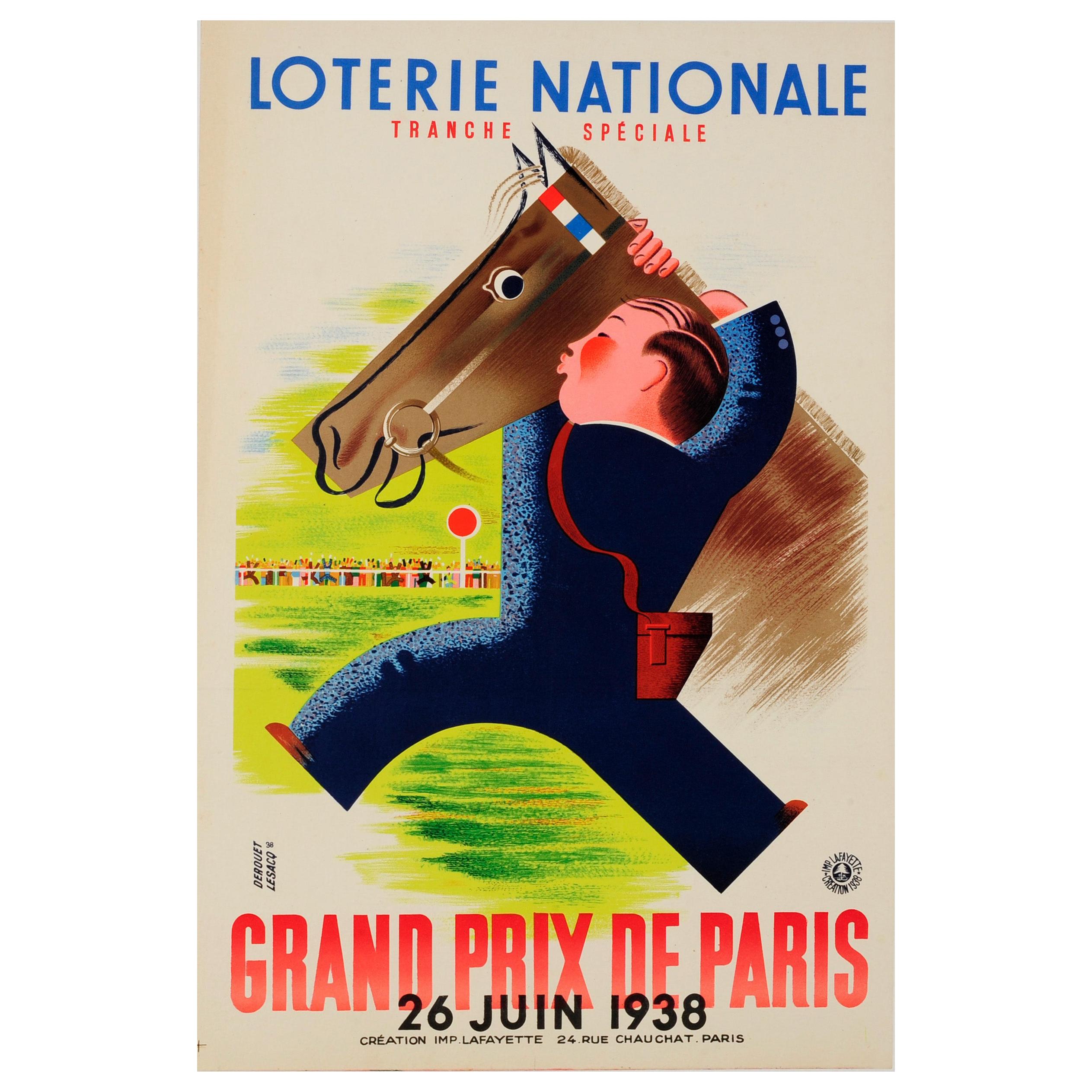 Original Vintage Poster Loterie Nationale Grand Prix De Paris Horse Race Lottery