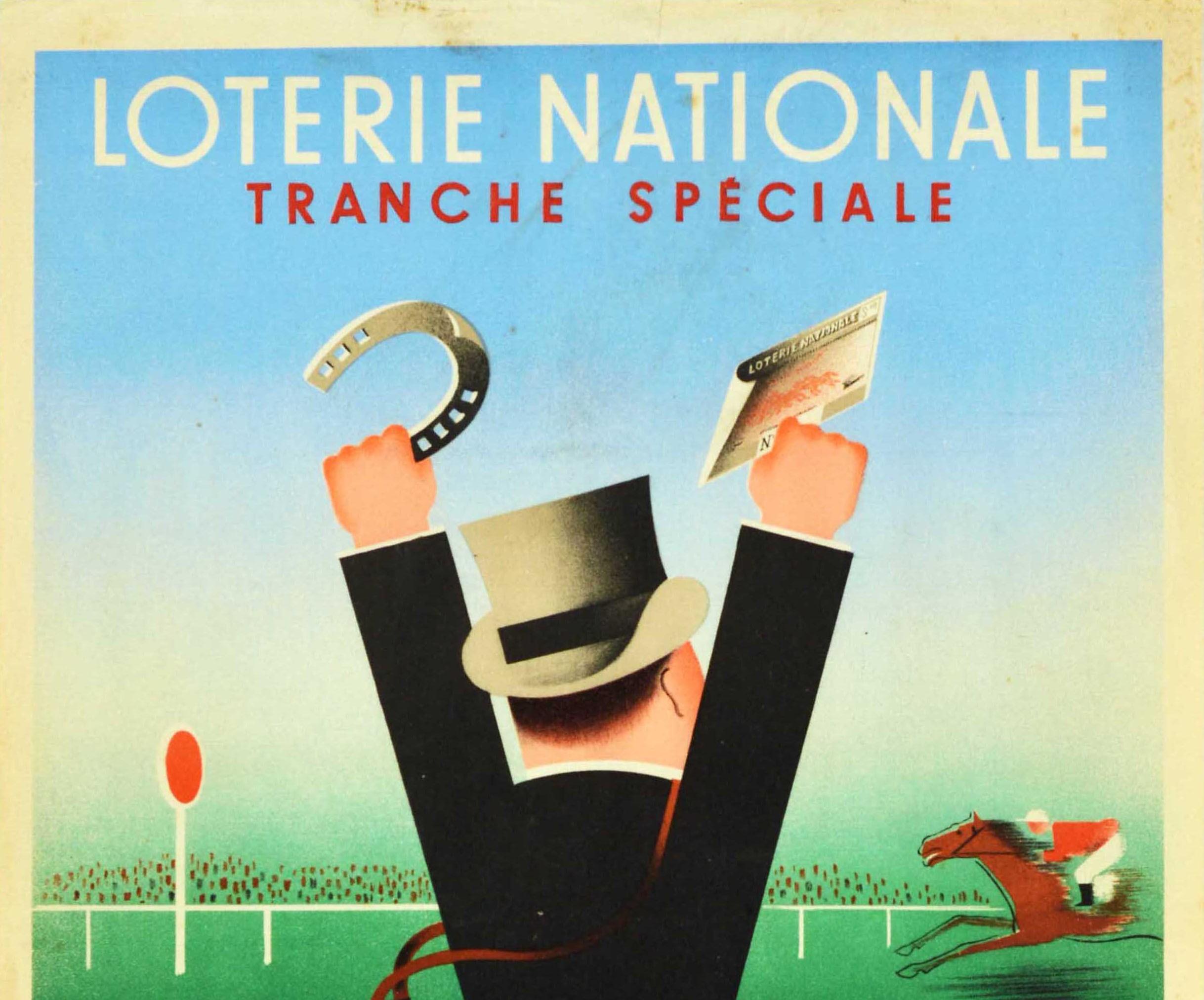 Original vintage advertising poster for the Loterie Nationale Tranche Speciale Grand Prix De Paris French national lottery on 27 June 1937 featuring a fun horse racing design by Edgar Derouet (1910-2001) and Georges Grilleres depicting a smartly