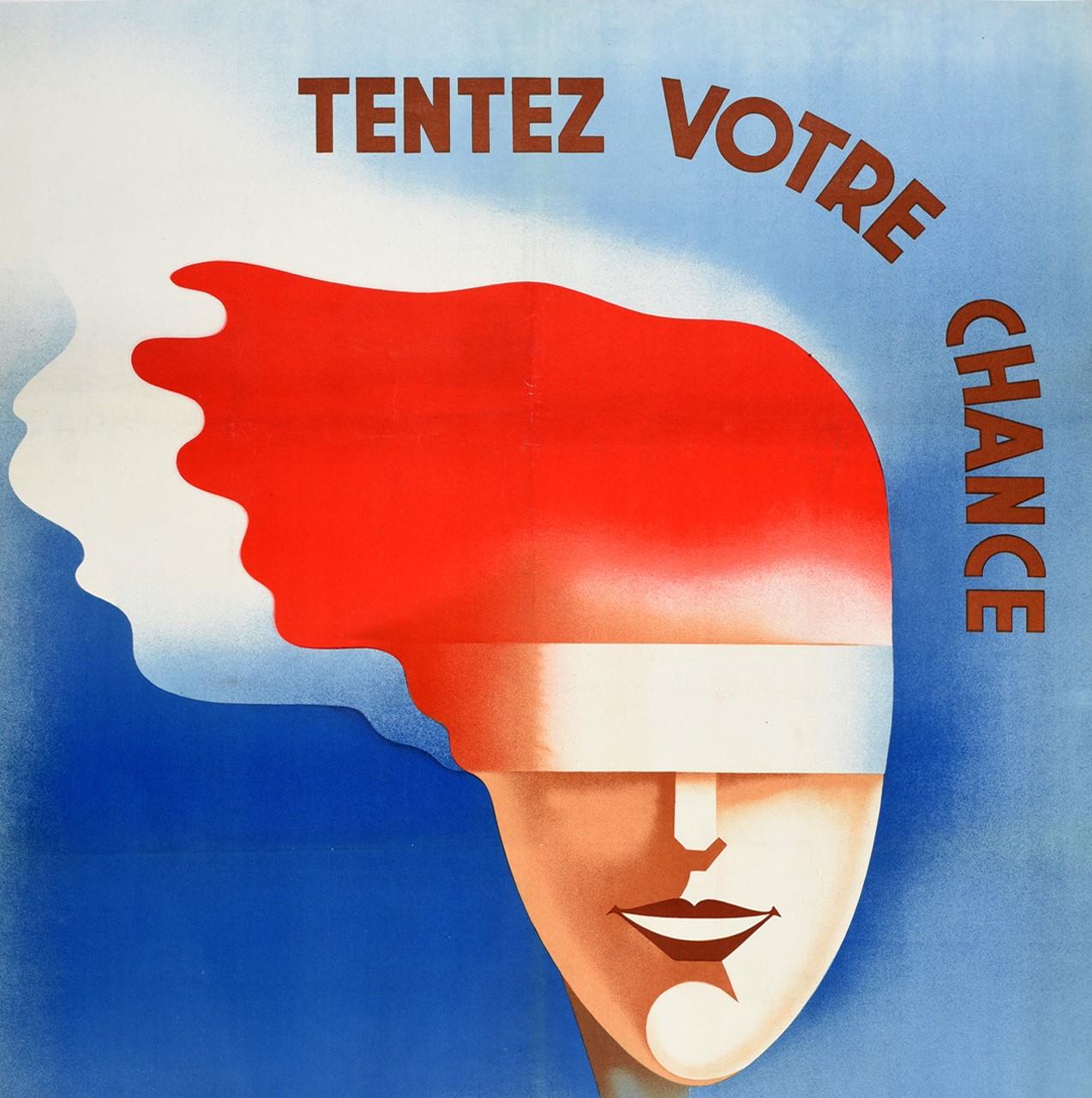 Original vintage advertising poster for the French National Lottery - Try Your Luck / Tentez Votre Chance Loterie Nationale - featuring a great Art Deco illustration of a smiling blindfolded lady with her red and white hair flowing against the blue