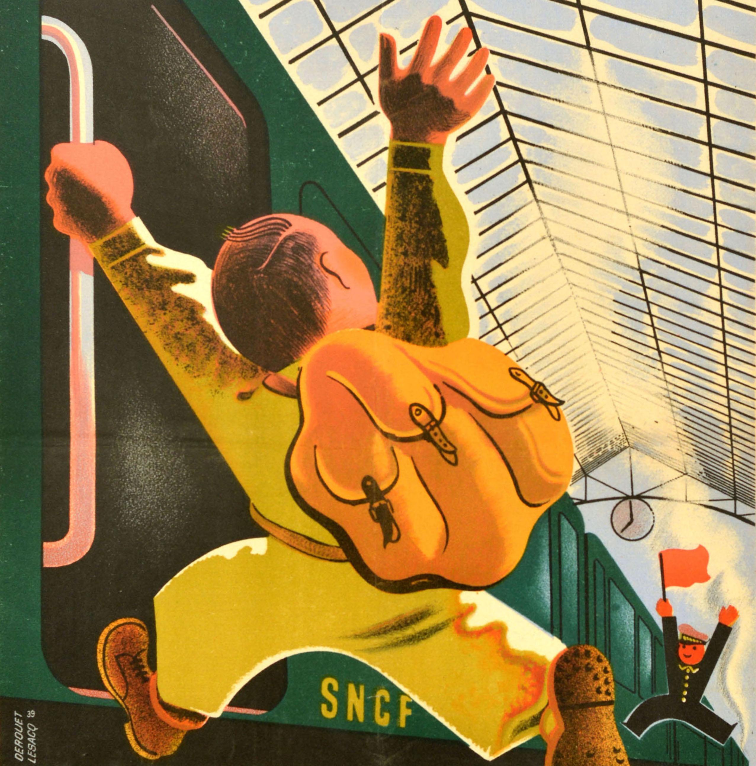 Poster d'epoca originale per la Lotteria Nazionale Francese del fine settimana - Loterie Nationale Week-End 4e Tranche 1939 Tranche Ferroviaire - con una divertente immagine di un uomo con uno zaino che corre su un treno SNCF con una guardia che