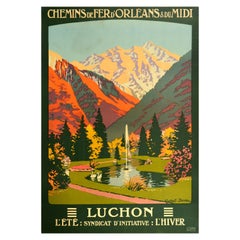 Affiche vintage originale Luchon Été Hiver, Chemins de fer, Voyage, Centre de balnéothérapie