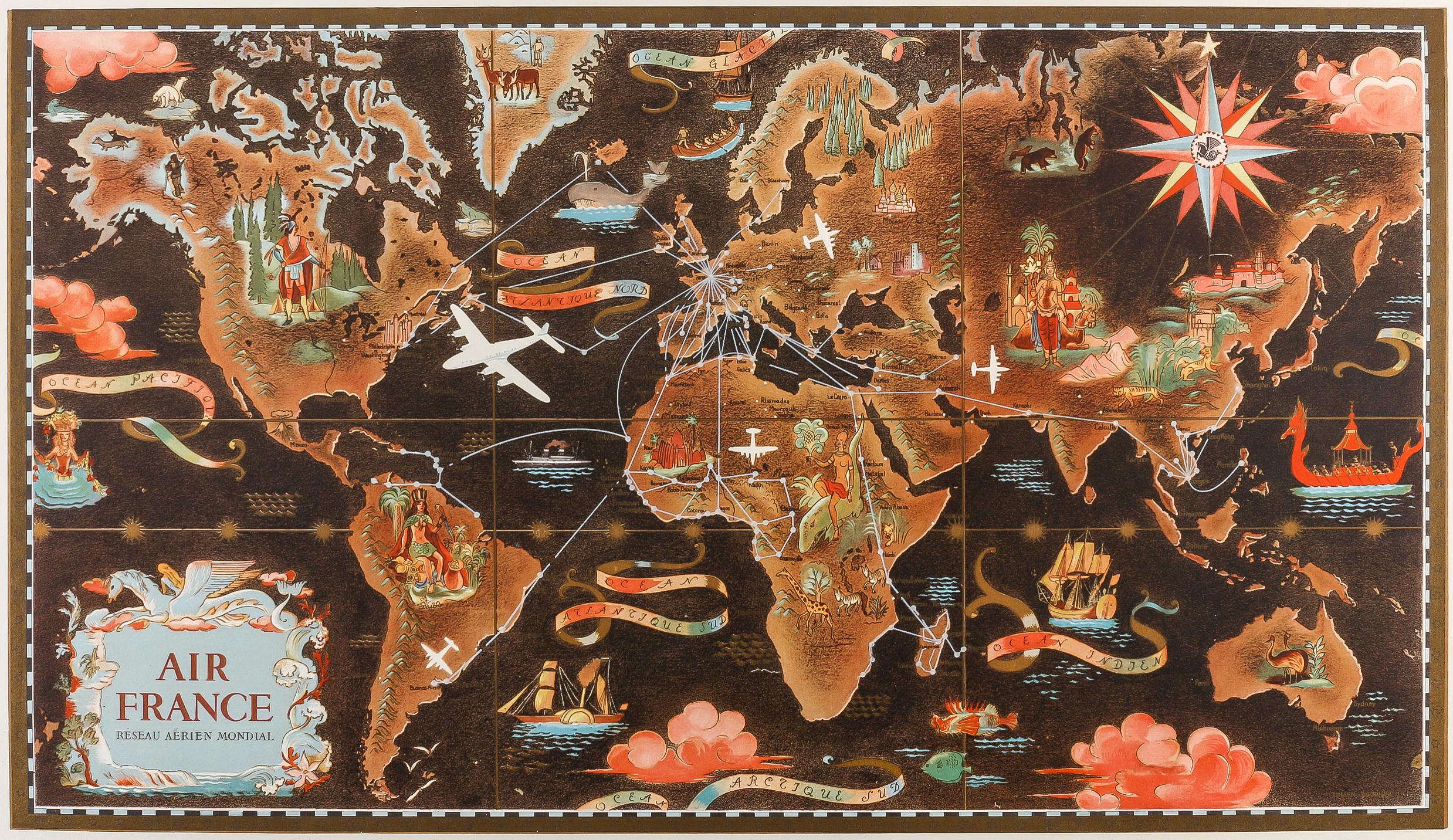 Original Vintage Poster, Lucien Boucher, Air France, World Map Planisphere, 1948 For Sale 1