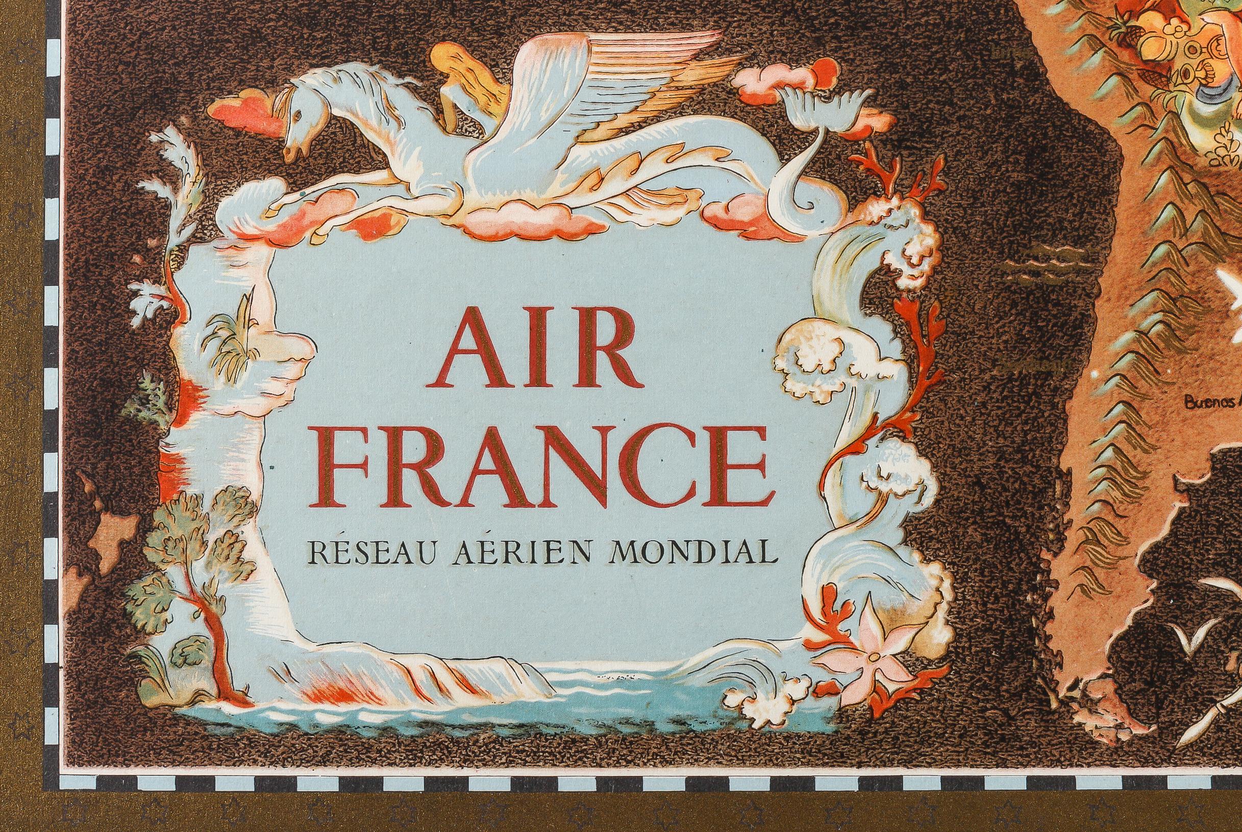 Planisphere Air France from 1948 to promote world tourism through the famous French airline.

Artist: Lucien Boucher  (1899-1971)
Title:  Air France – Réseau aérien mondial
Date: 1948
Size: 24.7 x 15.4 in. / 62.7 x 39.2 cm.
Printer: Perceval -