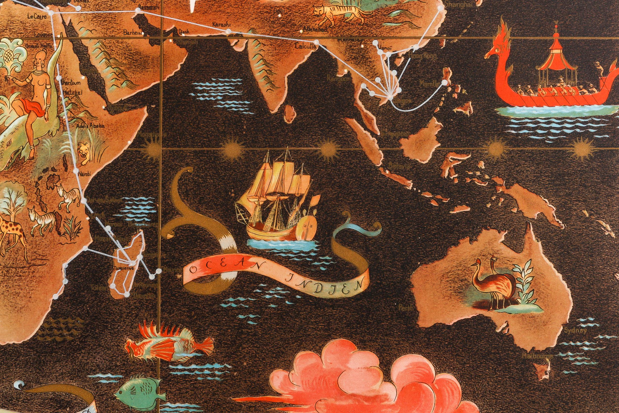Mid-Century Modern Original Vintage Poster, Lucien Boucher, Air France, World Map Planisphere, 1948 For Sale