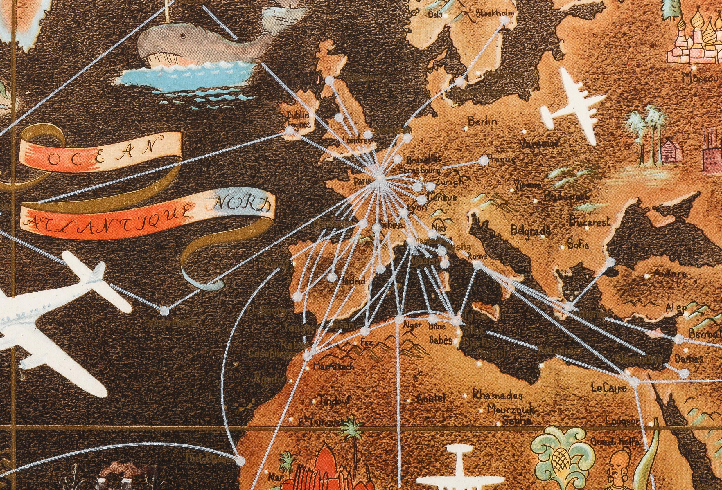 20th Century Original Vintage Poster, Lucien Boucher, Air France, World Map Planisphere, 1948 For Sale