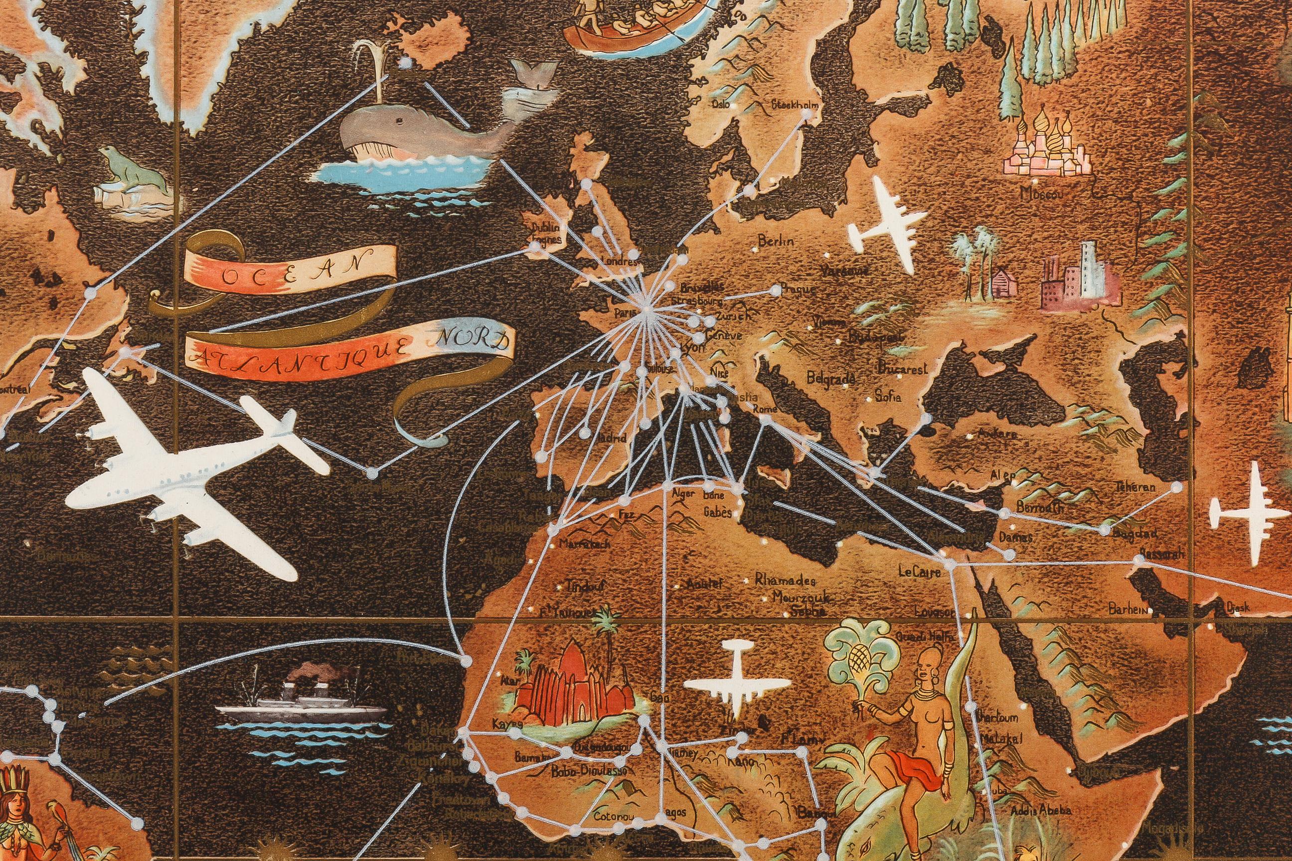 Paper Original Vintage Poster, Lucien Boucher, Air France, World Map Planisphere, 1948 For Sale