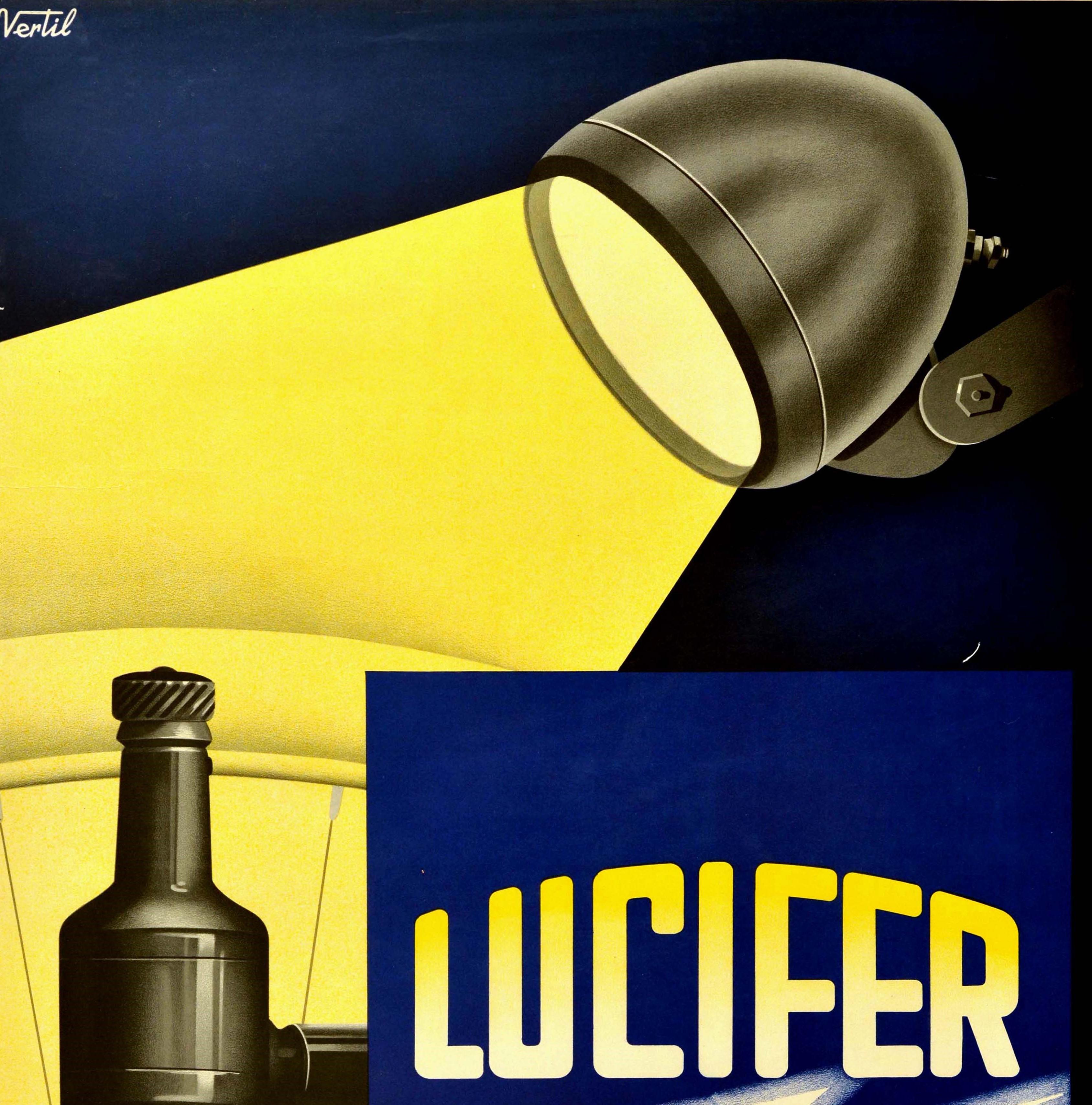 Original vintage advertising poster for Lucifer Bike Lights - Since 1910 Always in the Lead S.A. Lucifer Geneva Switzerland the Inventors of Electric Lighting for Bikes / Depuis 1910 Toujours en Tete S.A. Lucifer Geneve Suisse les Inventeurs de