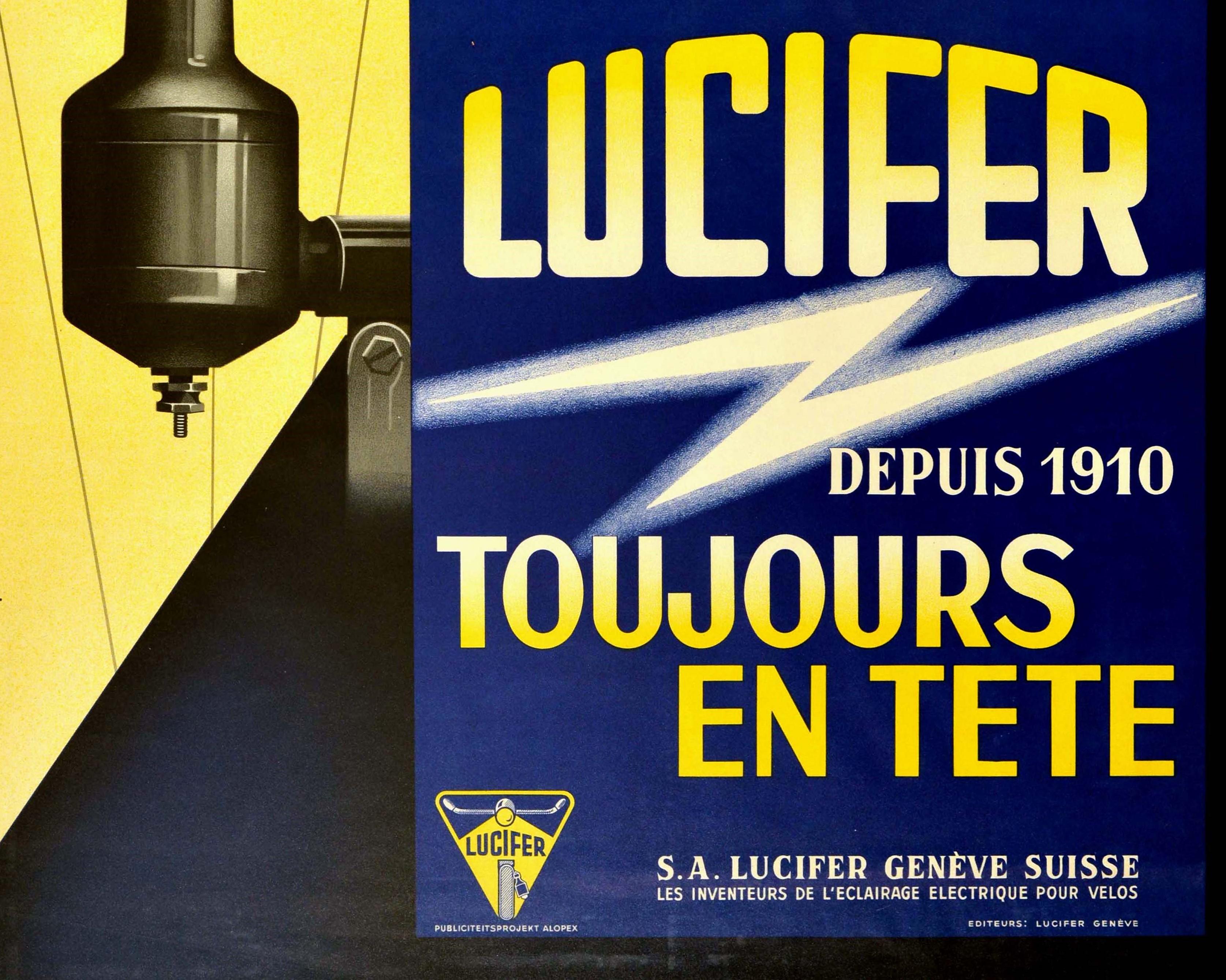Original Vintage Poster Lucifer Genf Electrical Bicycle Licht Glühbirne Fahrrad Design (Art déco) im Angebot