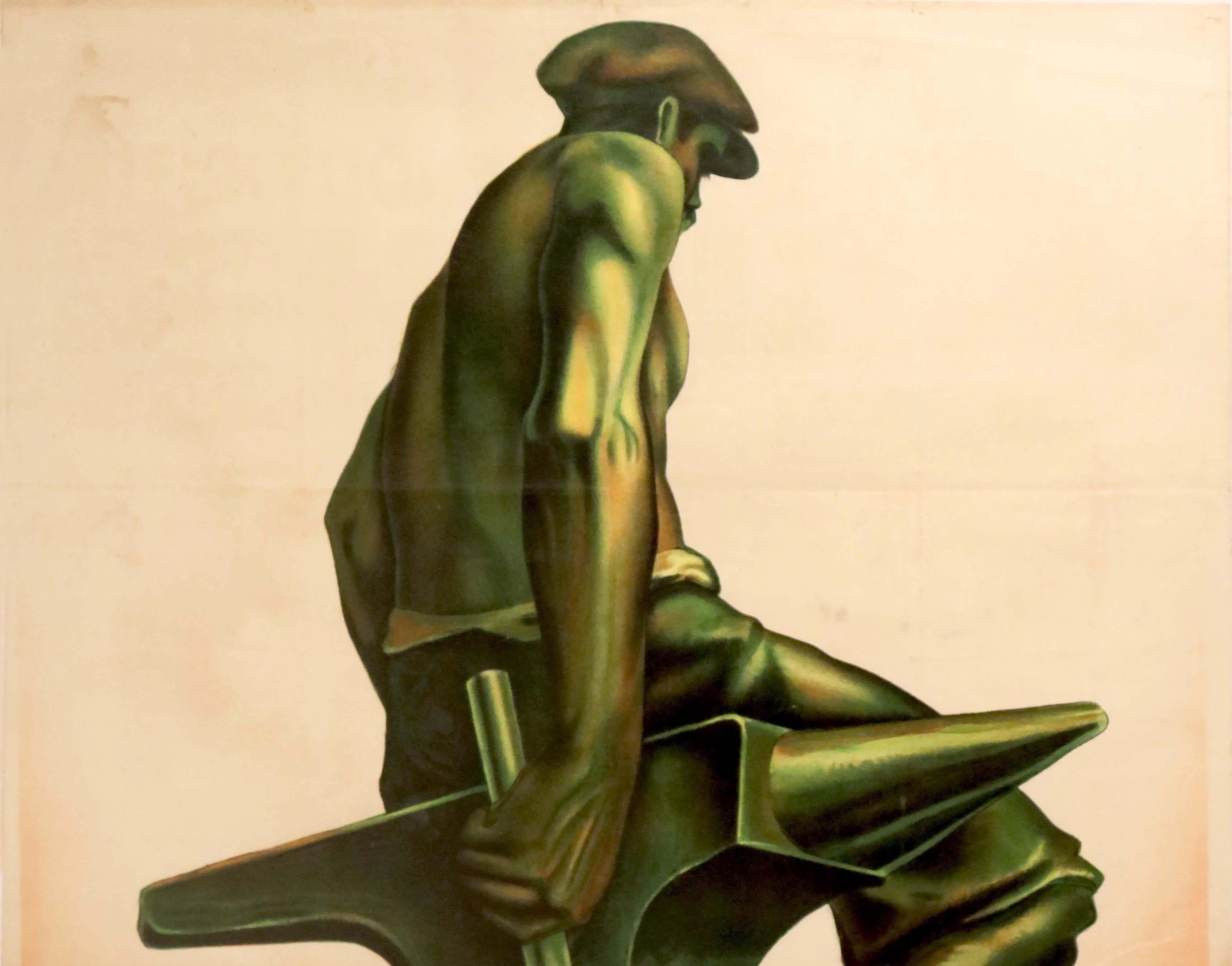 Affiche publicitaire originale d'époque pour l'exposition internationale Liège 1930 célébrant le centenaire de l'indépendance de la Belgique - Luik 1930 - présentant une superbe illustration d'une statue d'un ouvrier sur une enclume tenant un