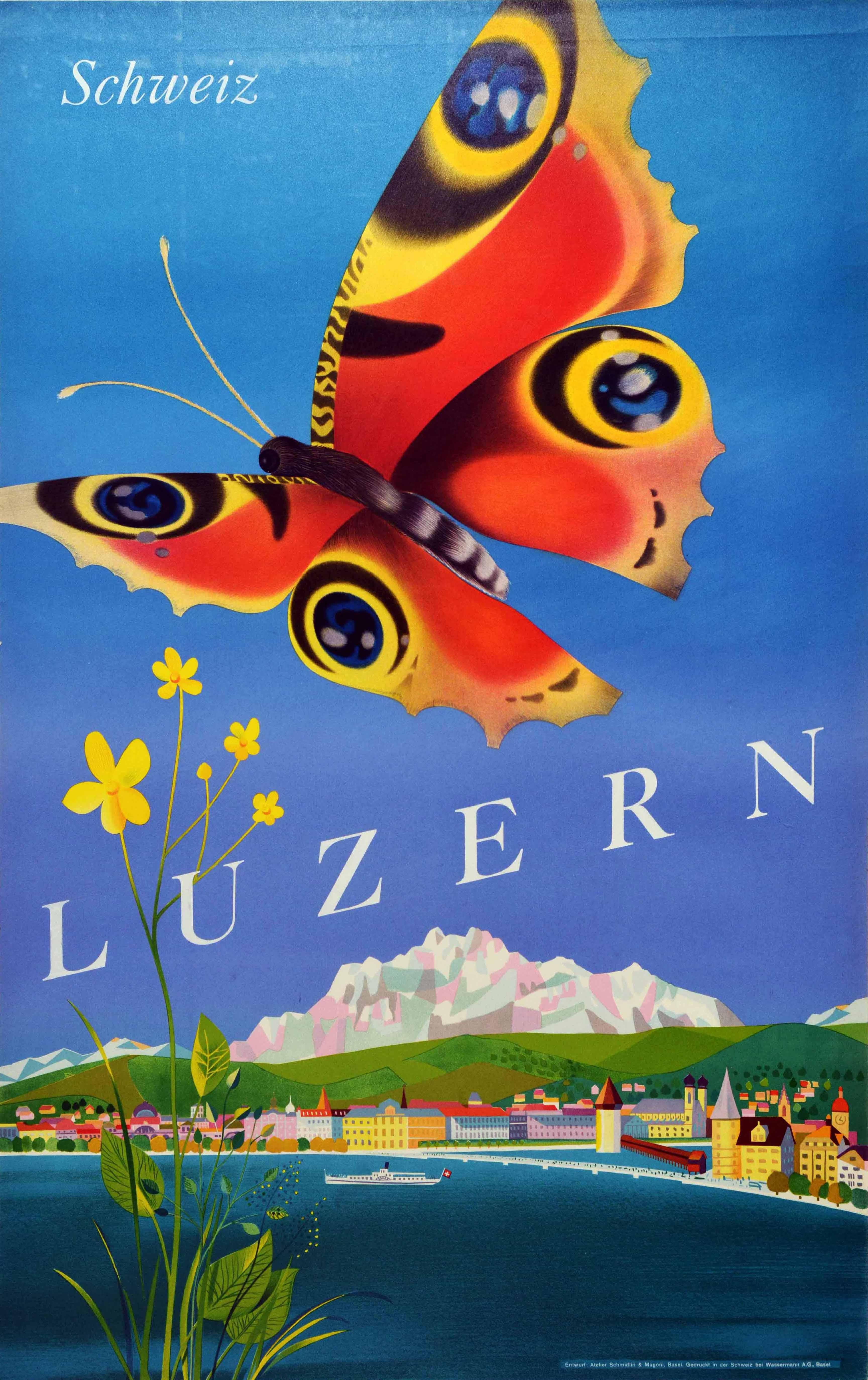 Original vintage travel poster promoting Lucerne in Switzerland featuring a colourful design of buildings on a waterfront, with churches, green hills and the Swiss Alps mountains overlooking a ship on Lucerne lake with a butterfly and a yellow