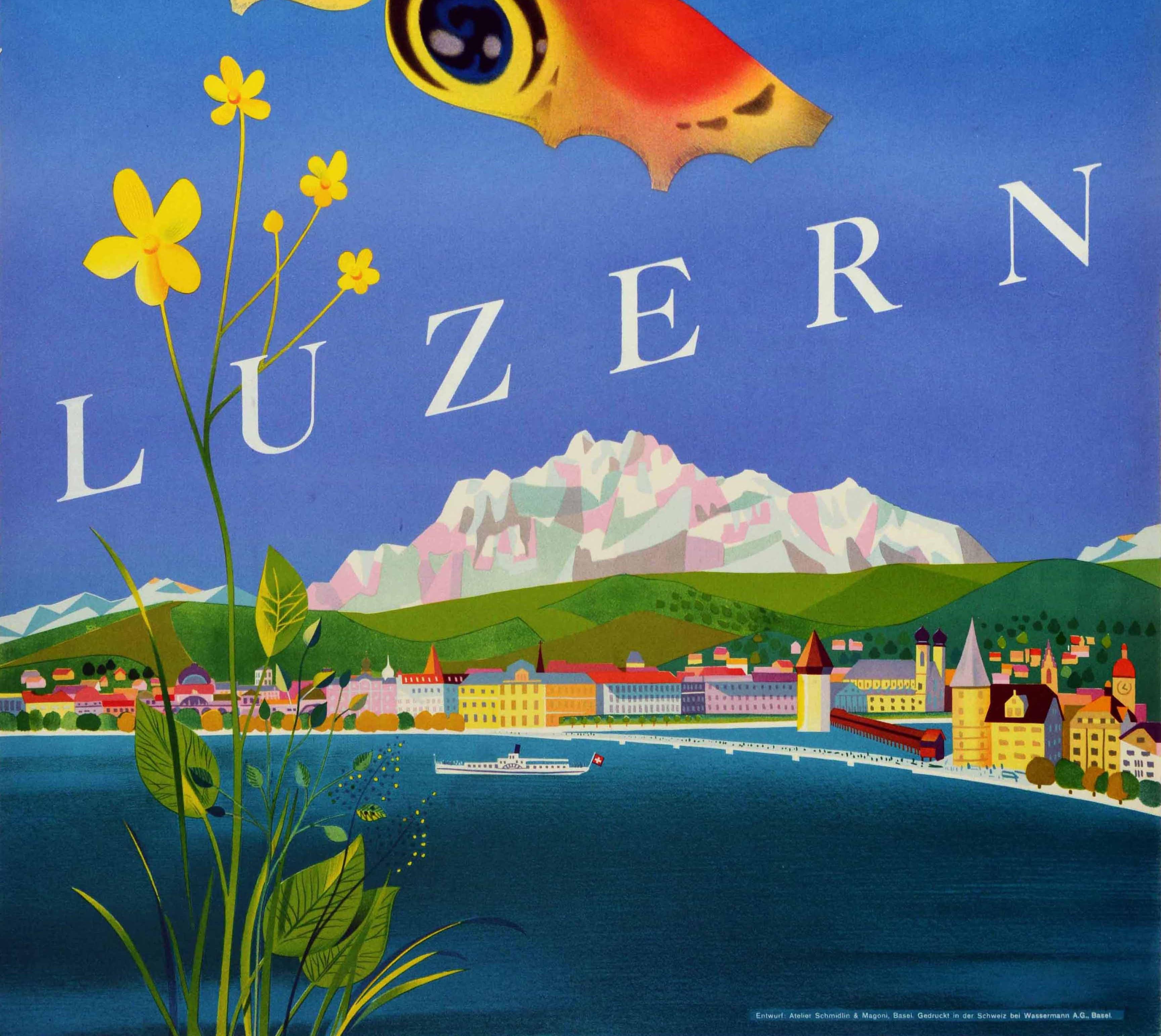 Swiss Original Vintage Poster Luzern Switzerland Travel Lucerne Lake Alps Butterfly