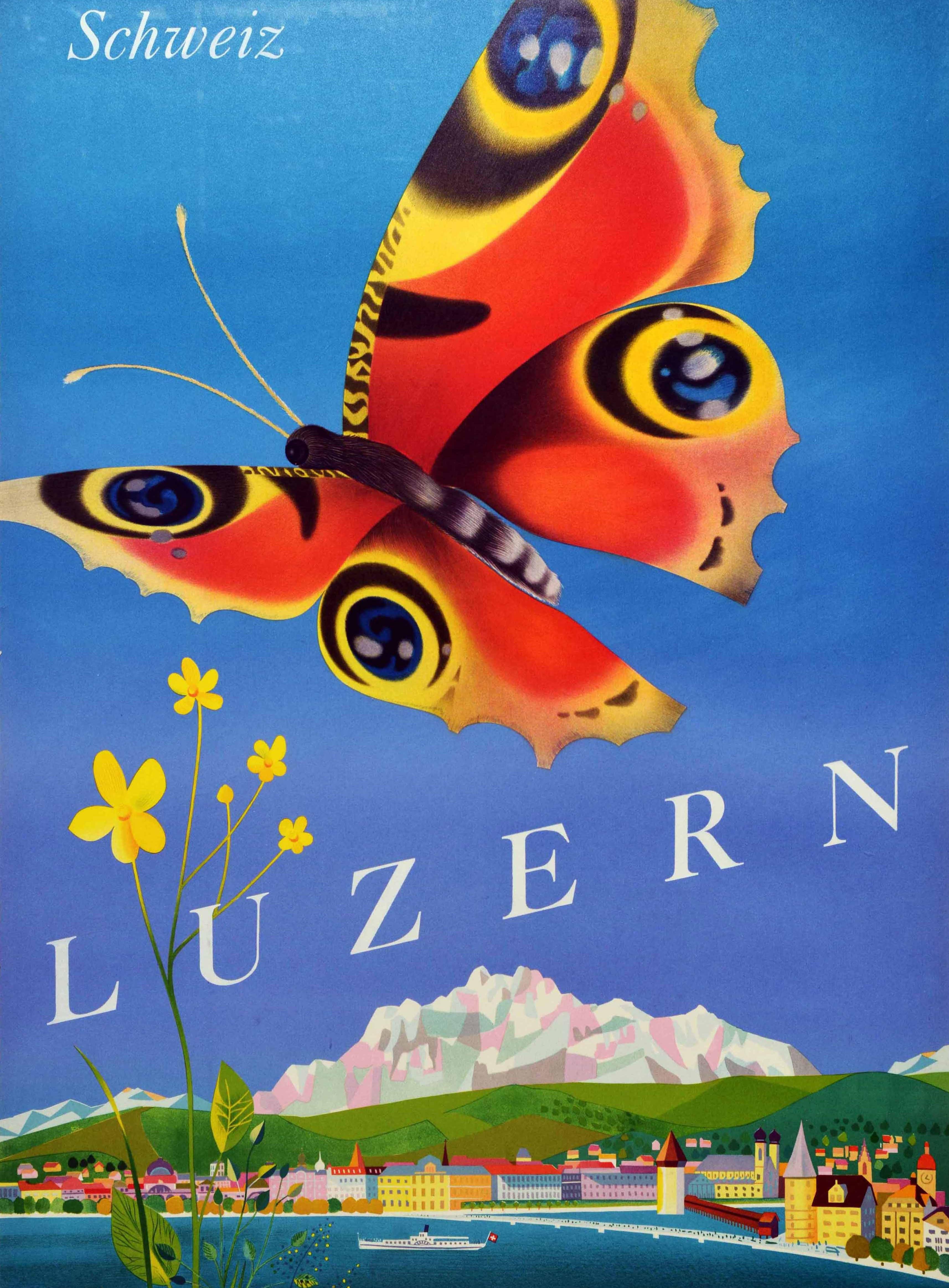 Original Vintage Poster Luzern Switzerland Travel Lucerne Lake Alps Butterfly In Good Condition In London, GB