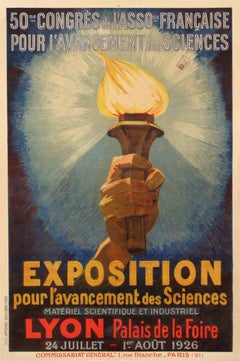 Original Vintage Poster, Lyon Science Congress, Torch Flame, Scientist, 1926