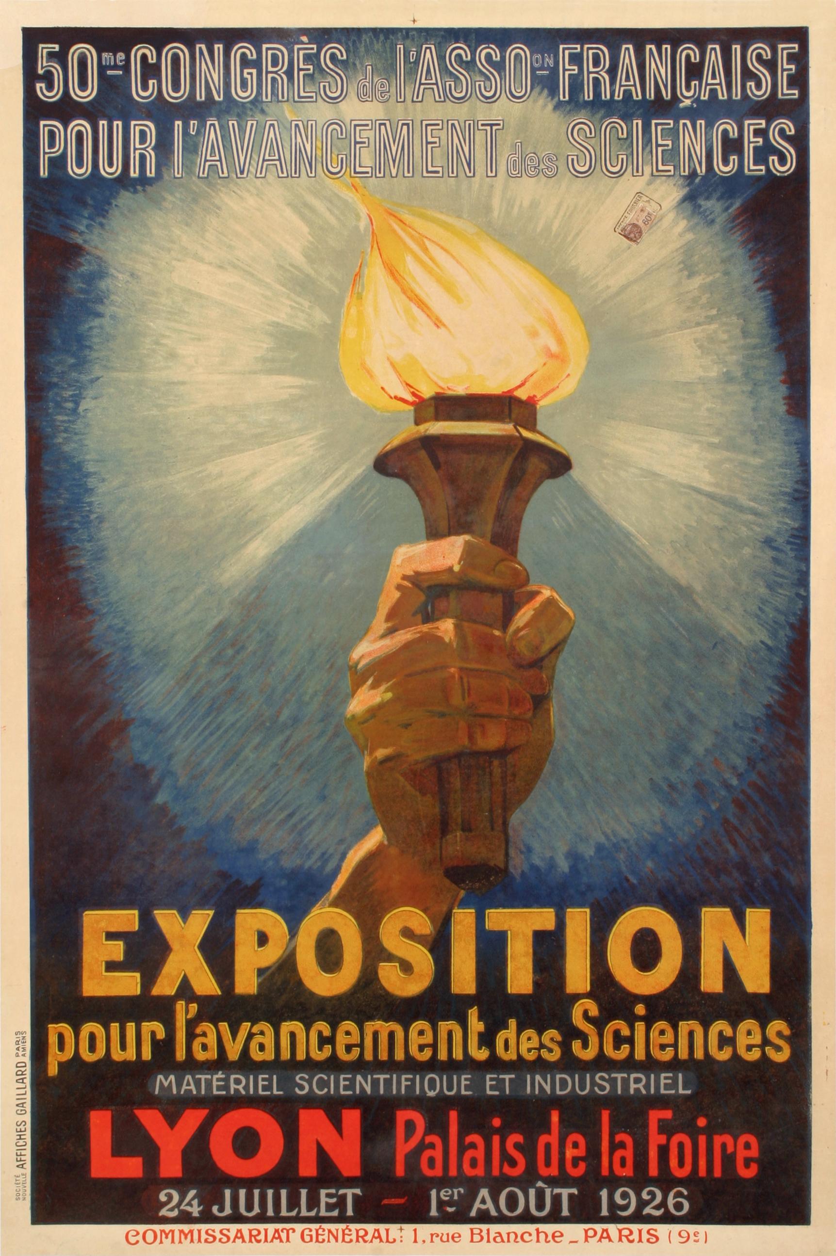 Art déco Affiche rétro originale du Congrès scientifique de Lyon, Flamme de flamme, Scientiste, 1926 en vente