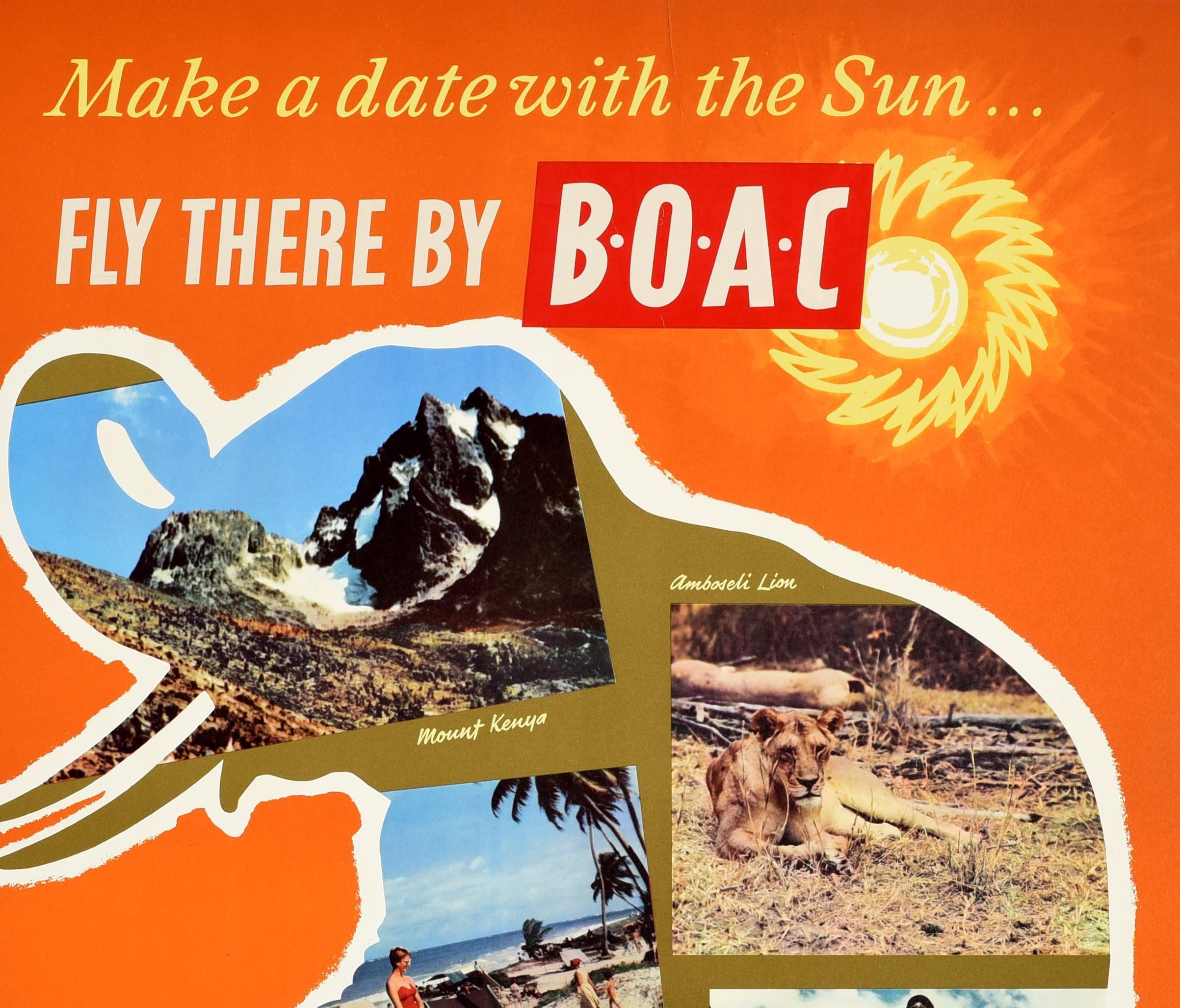 Original vintage travel poster advertising Kenya in East Africa - Make a date with the sun ... in wonderful Kenya Fly there by BOAC - featuring a colourful design with photos and captions of Mount Kenya showing the rocky mountain peaks below a blue