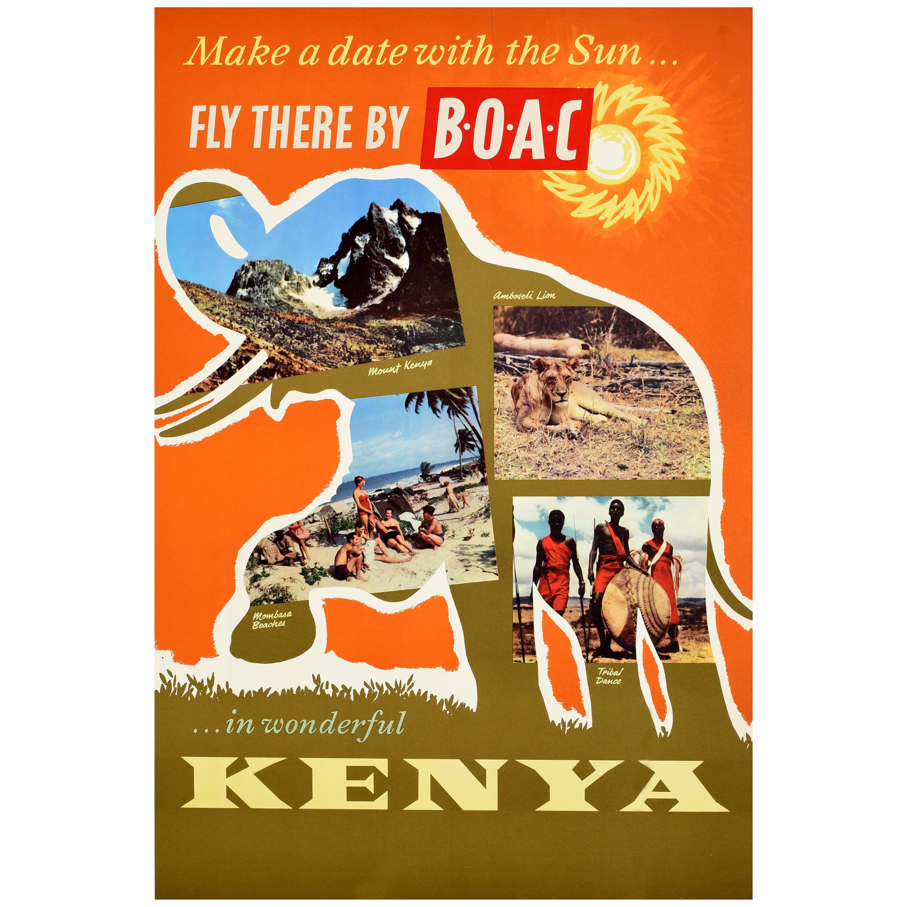 Original Vintage Poster Make A Date With The Sun In Wonderful Kenya BOAC Travel
