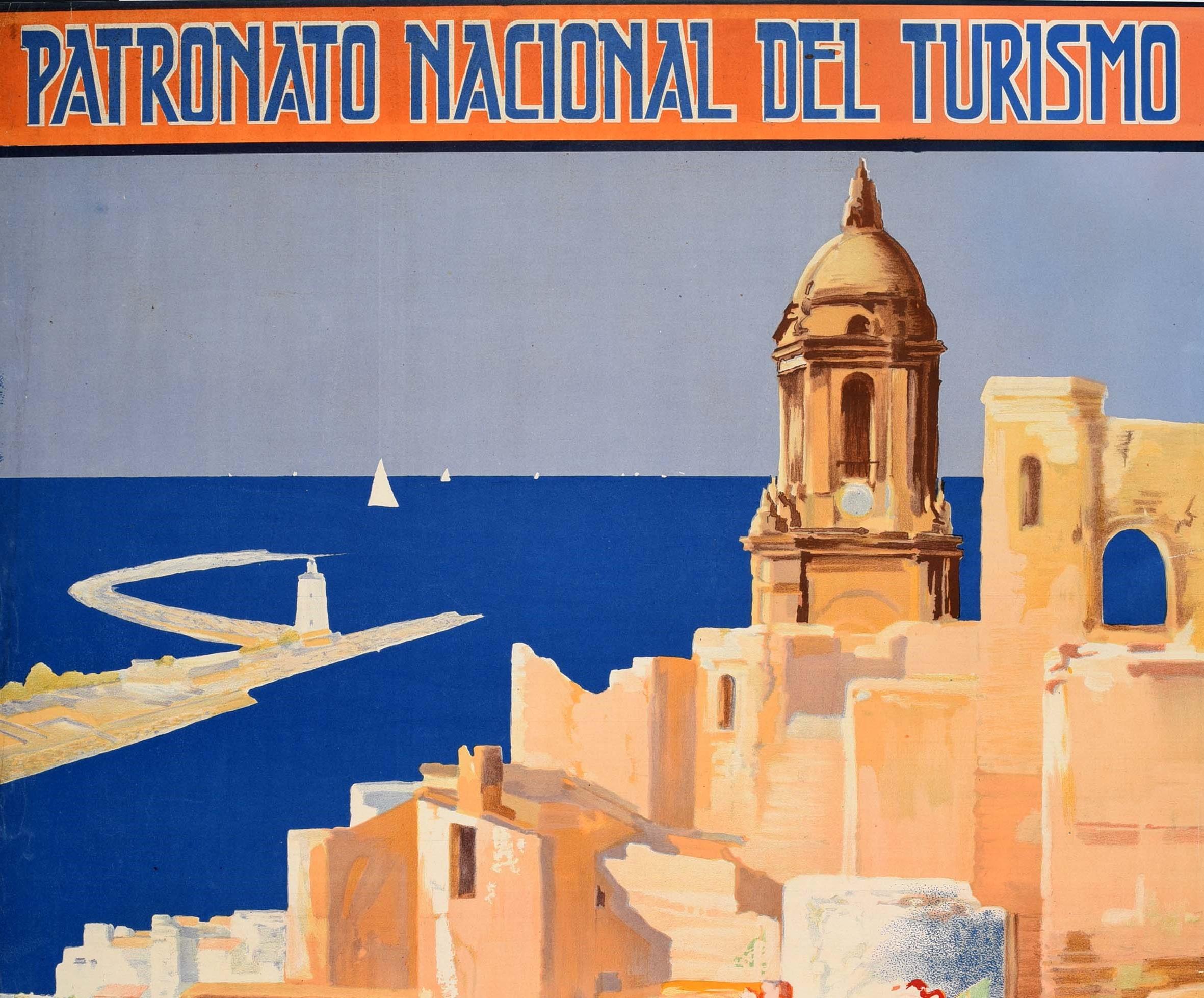 Original vintage travel poster for Malaga Clima Delicioso en Todo Tiempo / Delicious Weather at All Times issued by the PNT Patronato Nacional Del Turismo / National Tourism Board featuring colorful artwork of old city buildings and the historic