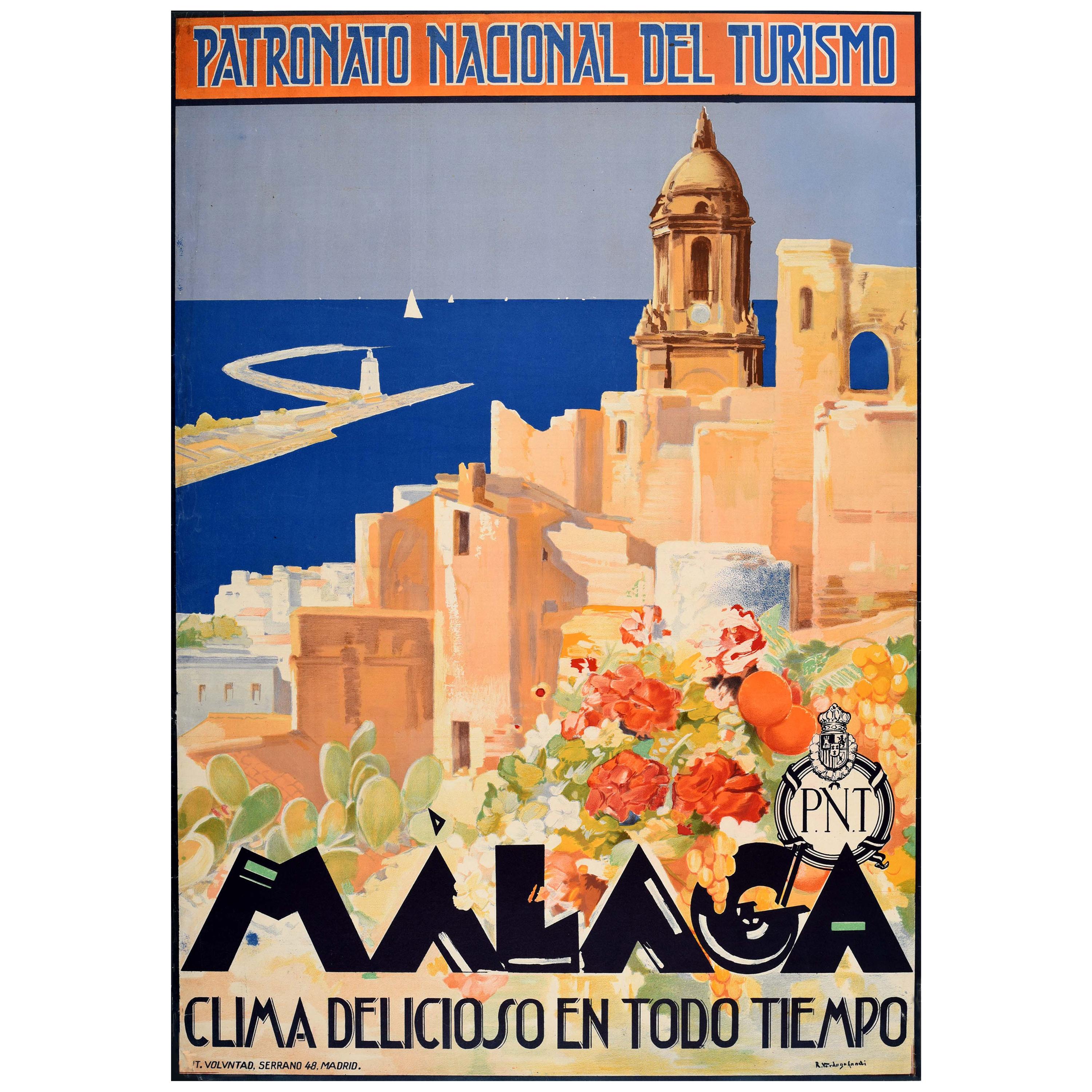 Original Vintage Poster Malaga Cathedral Sailing Mediterranean Sea Travel PNT
