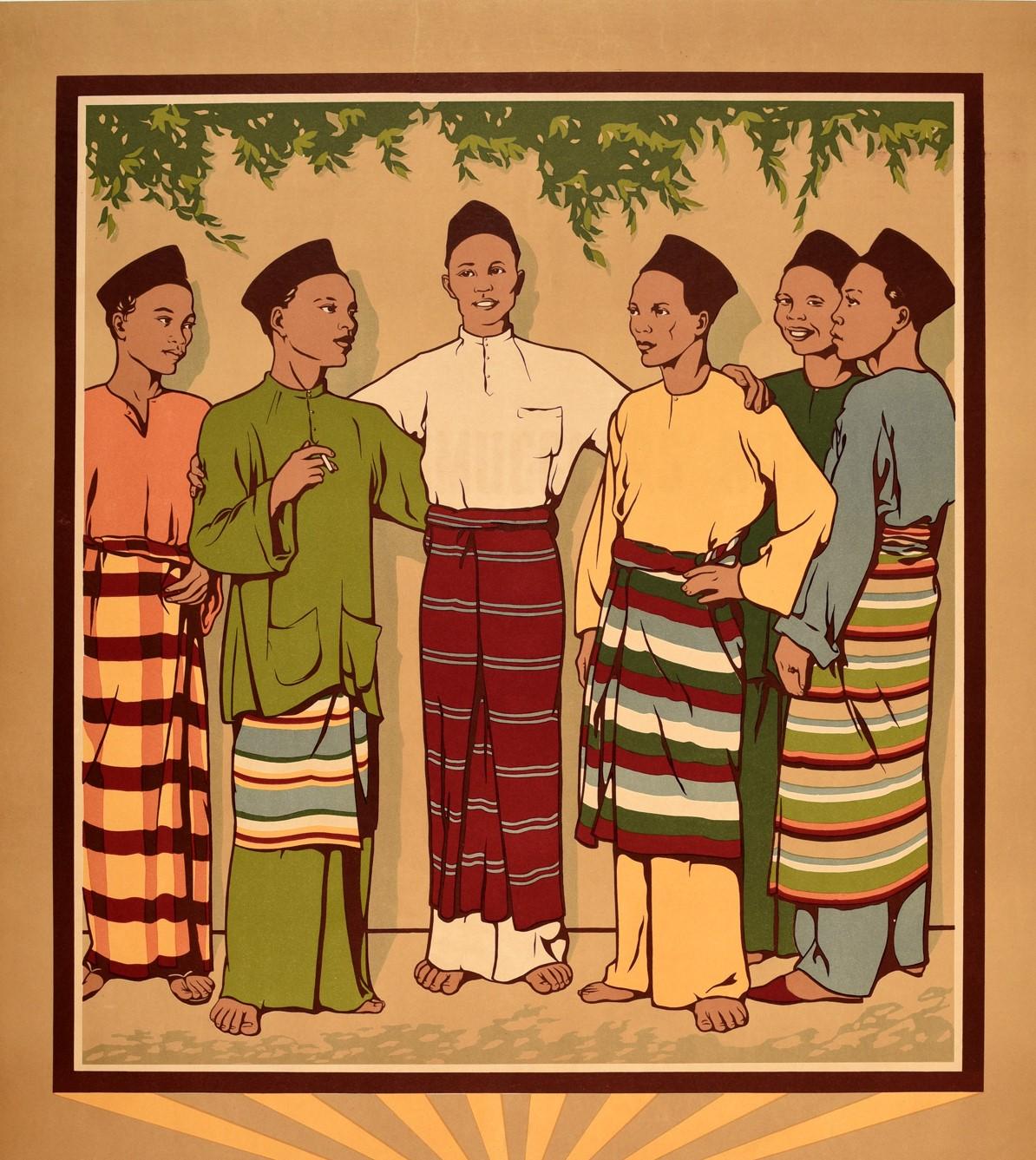 Original vintage travel poster entitled Malaya Land of Sunshine (now Peninsular Malaysia and Singapore) featuring a group of smiling men wearing colourful traditional clothing of a tunic top and trousers (baju melayu), a songkok cap and a sarong