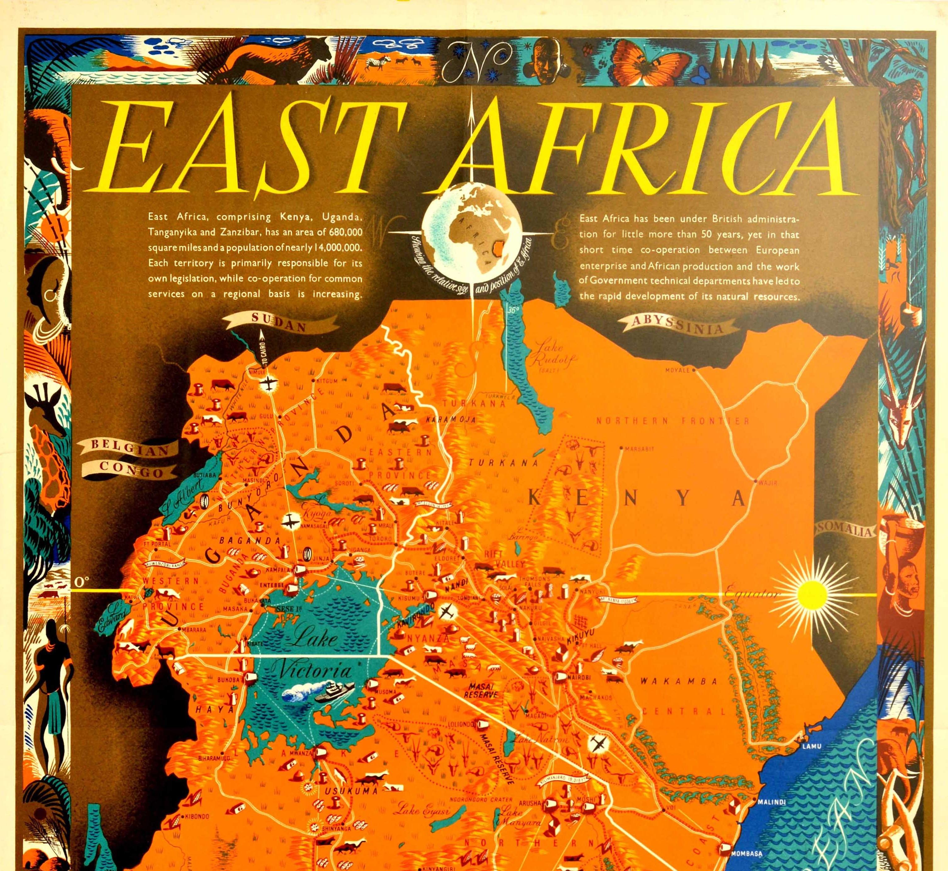 Original vintage poster map for East Africa with information on the British settlements and colonies in Uganda, Kenya, Tanganyika (Tanzania) and Zanzibar with a colourful map designed by the New Zealand artist, printer, typographer, publisher and