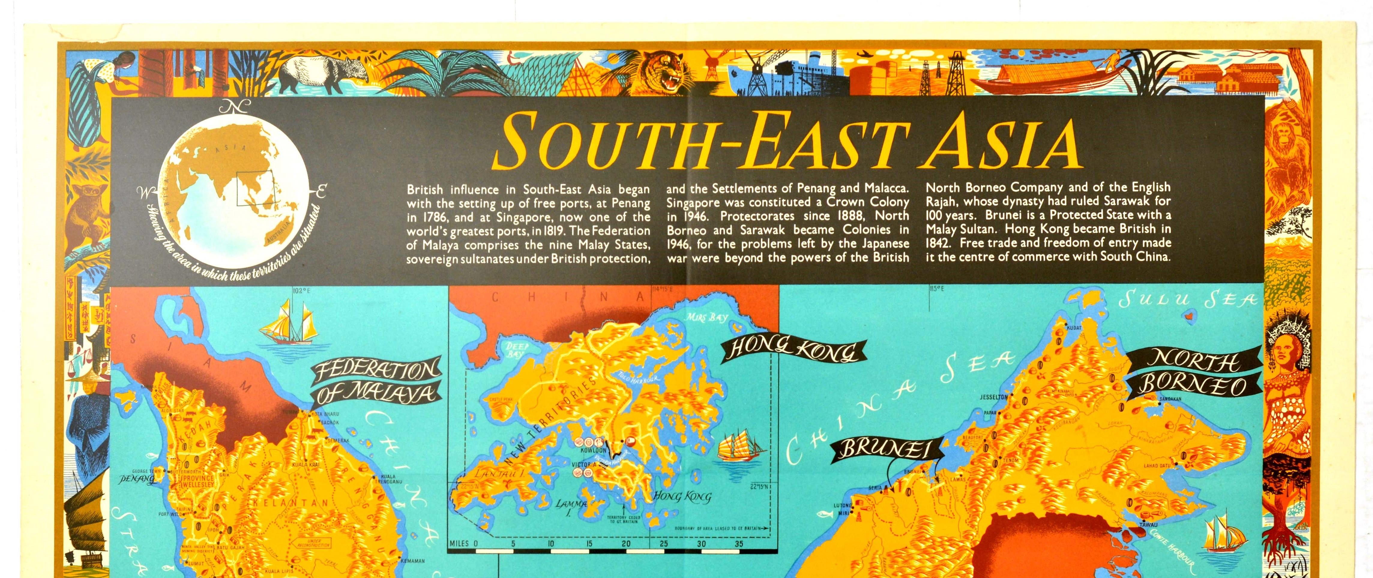 Original vintage poster map for South East Asia with information on the history of British settlements and colonies in the Federation of Malaya (Malaysia), Singapore, Hong Kong, Sarawak, Brunei and North Borneo labelled on the colourful map designed