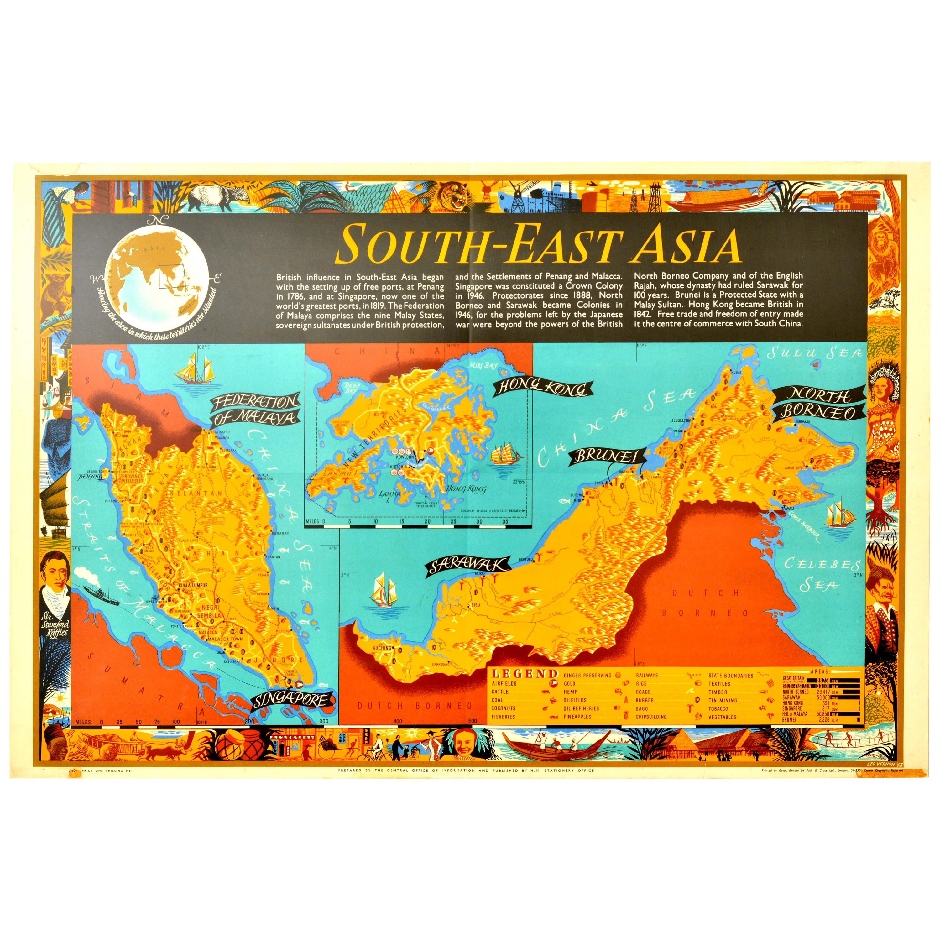 Original Vintage Poster Map South East Asia Malaya Singapore Hong Kong Brunei