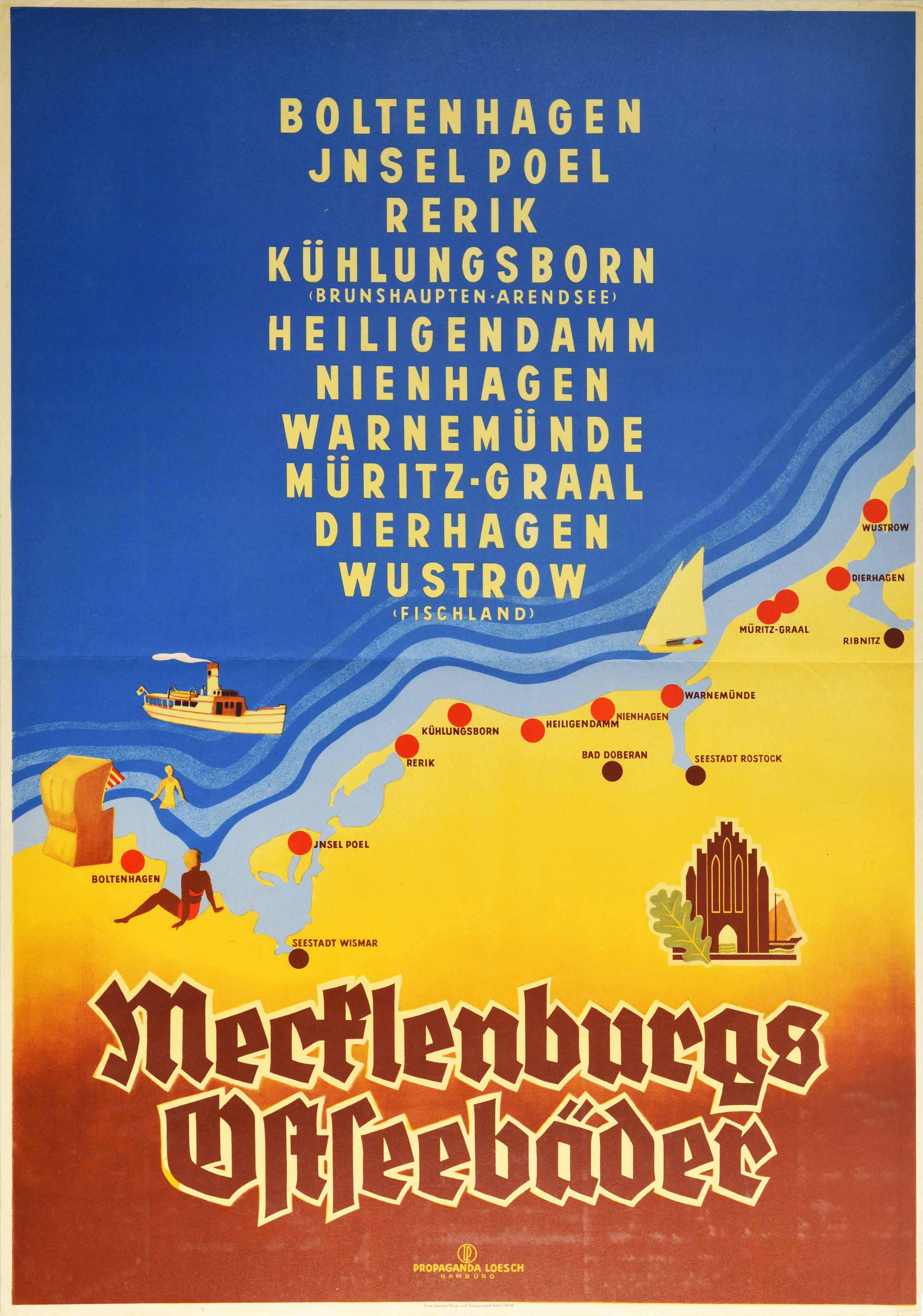 Original Reiseplakat mit Werbung für die mecklenburgischen Ostseebäder - Boltenhagel, Insel Jnsel Poel, Rerik, Kuhlungsborn (Brunshaupten-Arendsee), Heiligendamm, Nienhagen, Warnemünde, Muritz-Graal, Dierhagen, Wustrow (Fischland) - mit einer Karte