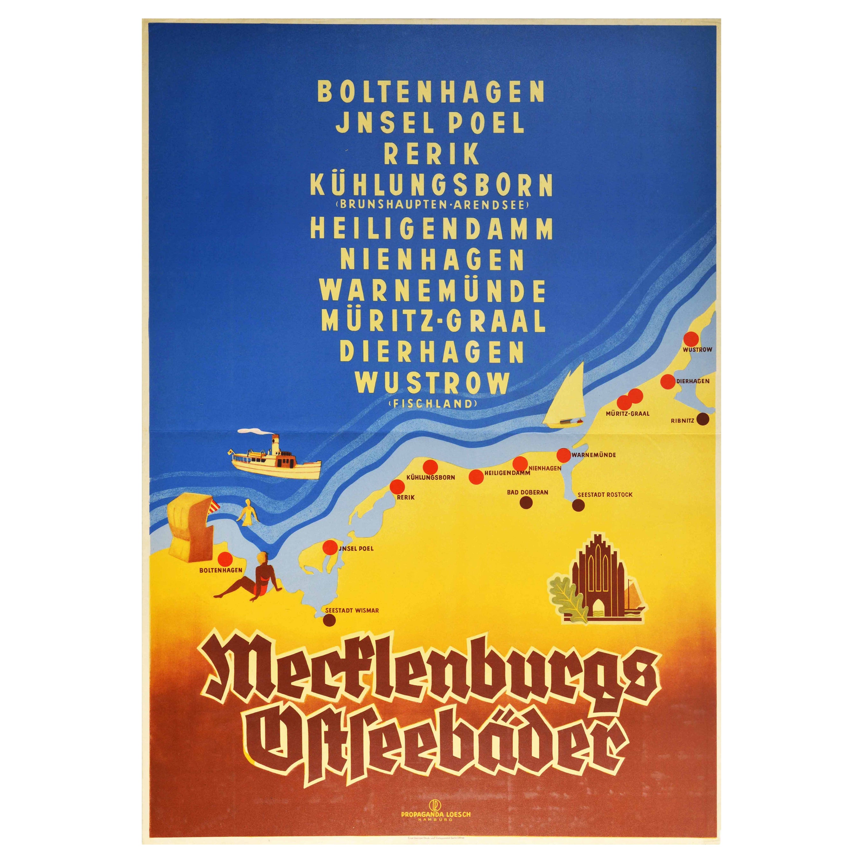 Poster originale d'epoca Meclemburgo Germania Spiaggia del Mar Baltico Mappa di viaggio in vendita