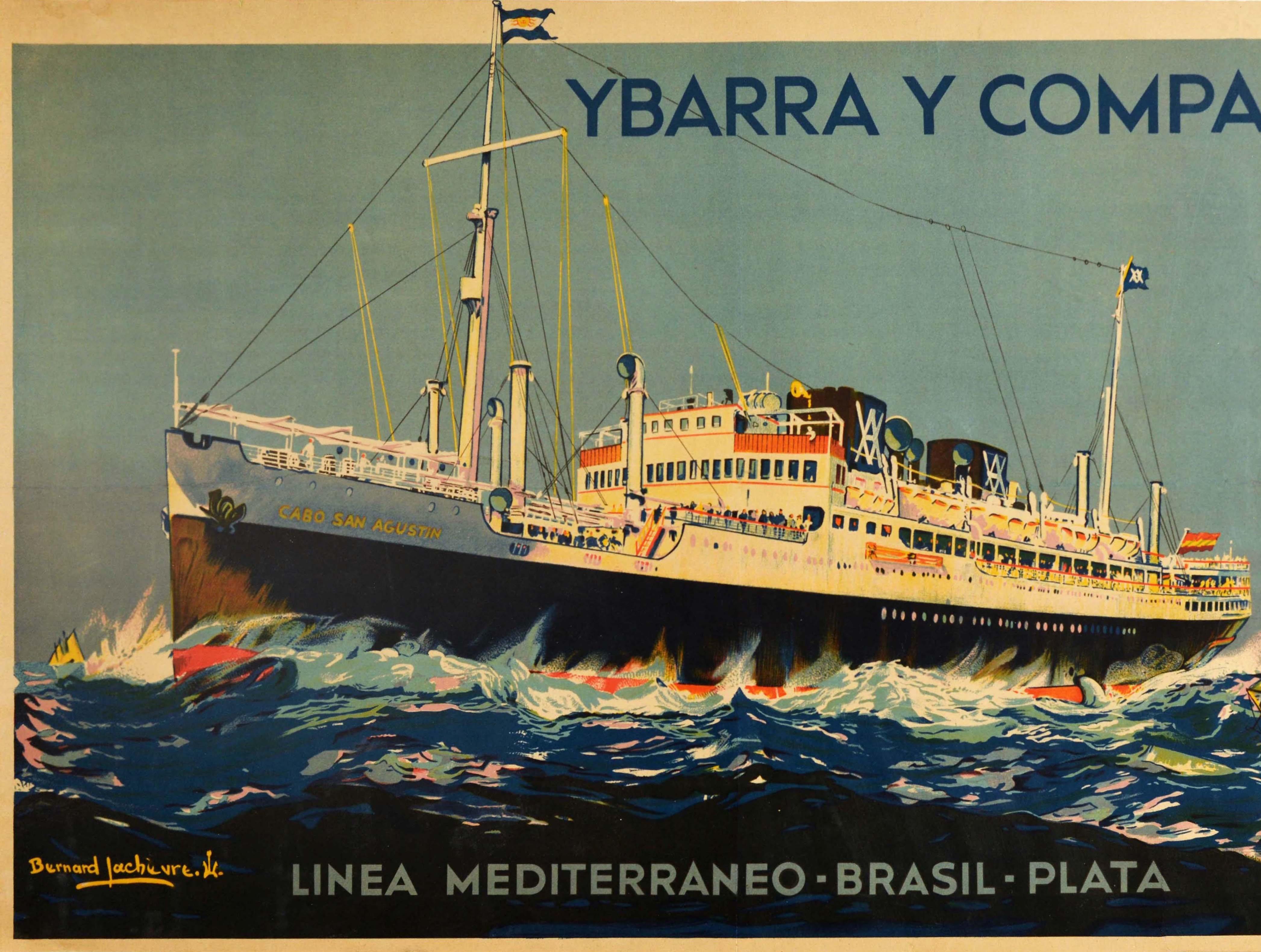 Spanish Original Vintage Poster Mediterranean Brazil Cruise Liner Travel Ybarra Ship Art