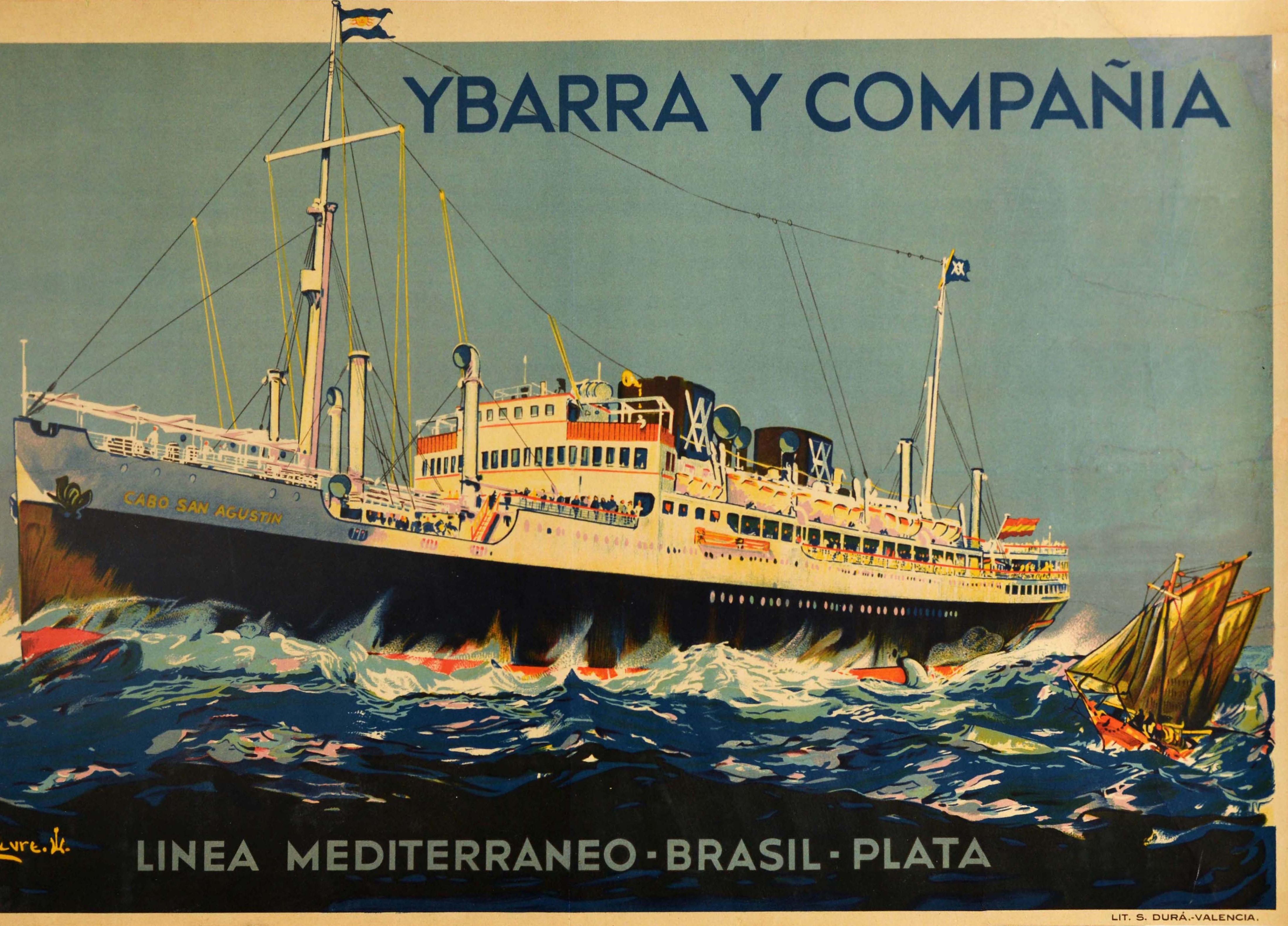 Original Vintage Poster Mediterranean Brazil Cruise Liner Travel Ybarra Ship Art In Fair Condition In London, GB