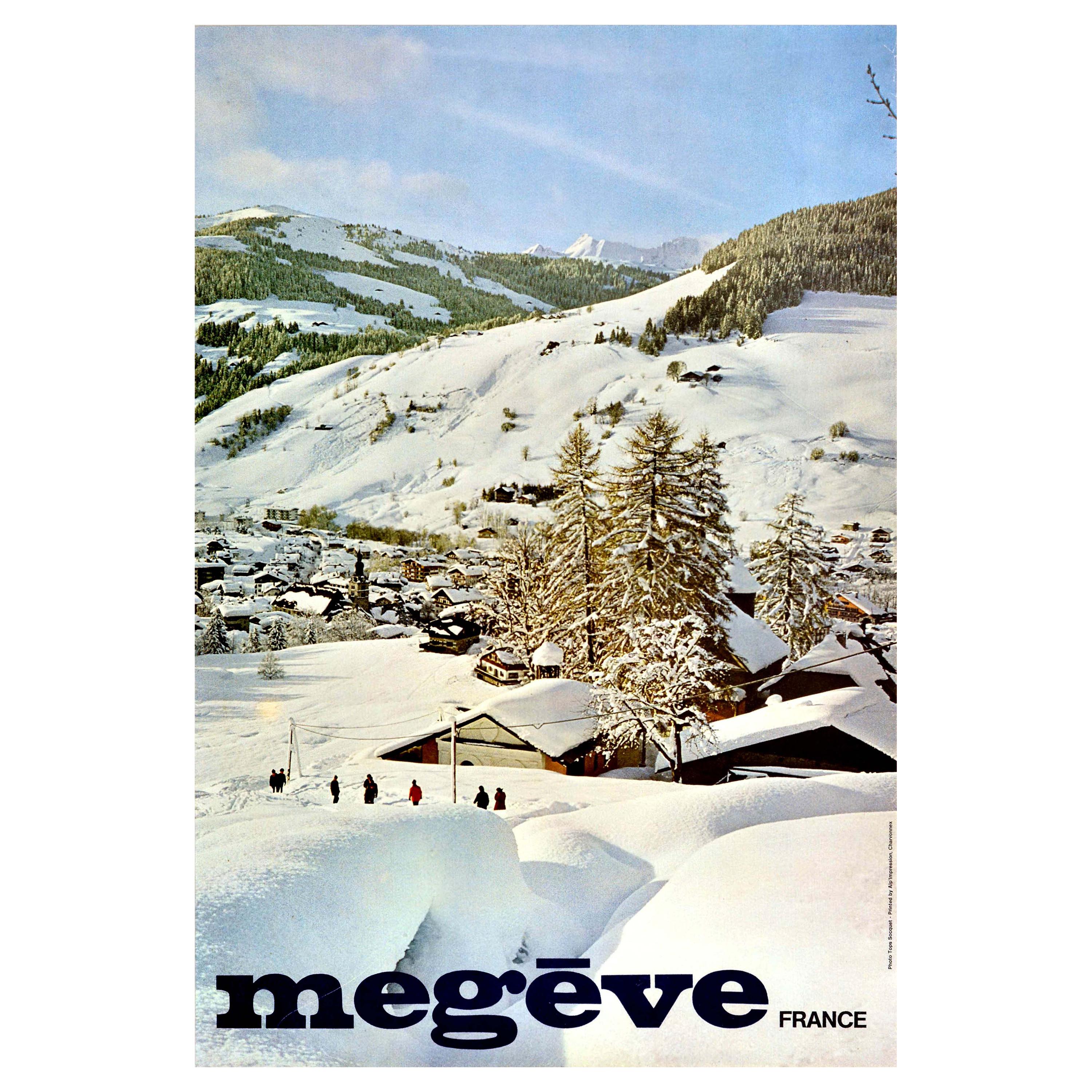 Original Vintage Poster Megeve France Alps Mountains Skiing Winter Sport Resort