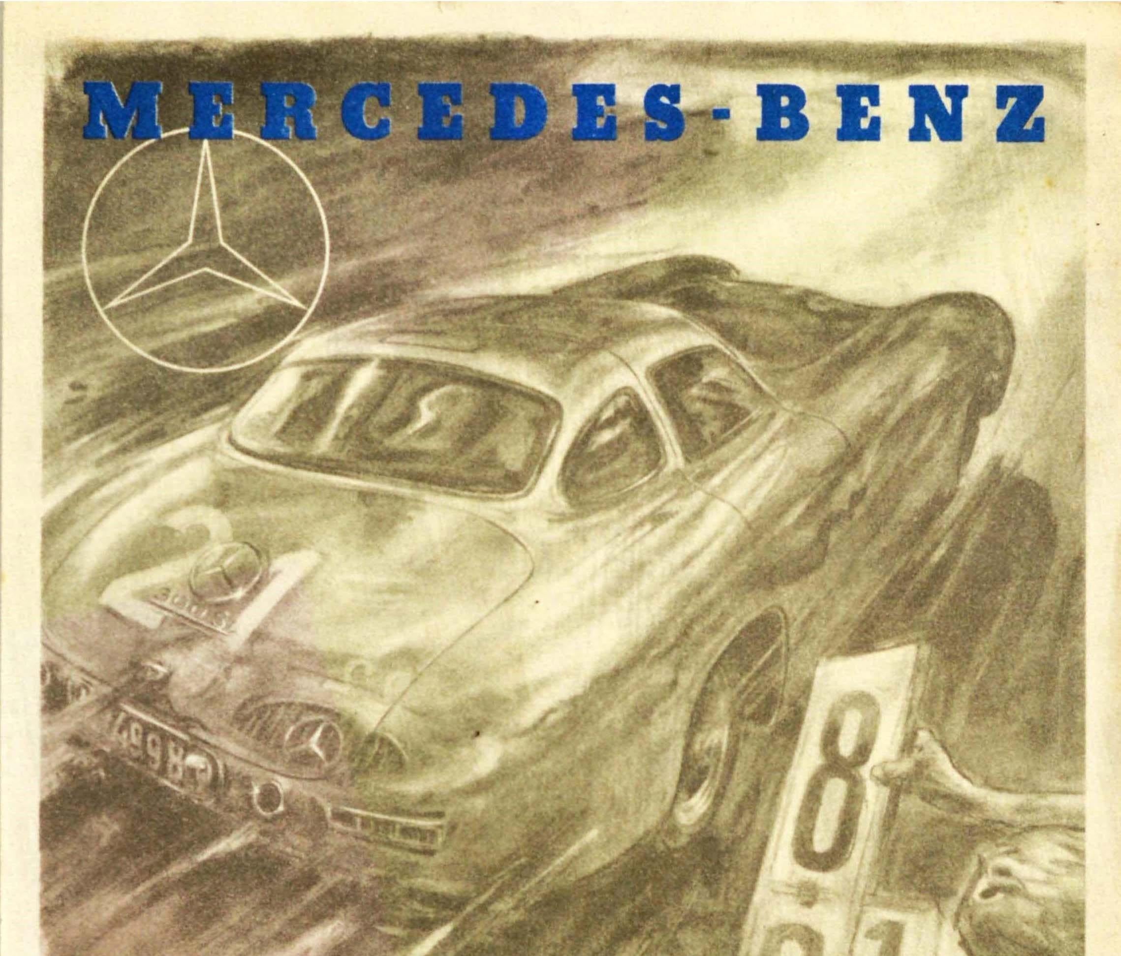 Original vintage motorsport poster celebrating the double victory of Mercedes-Benz 300SL in the 24 hour Le Mans car race featuring a dynamic illustration by the Austrian graphic designer, painter and artist Hans Liska (1907-1983) depicting a race