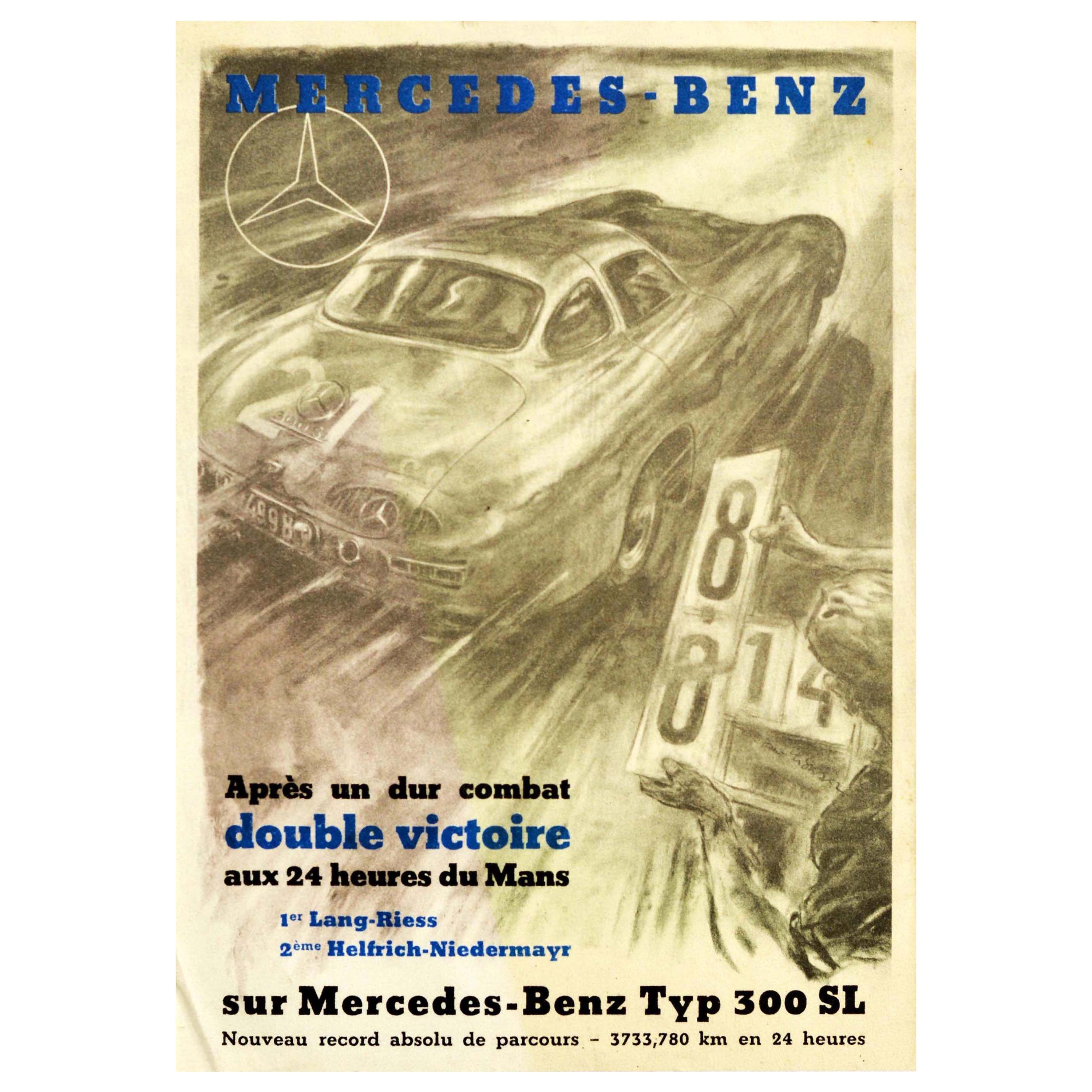 Affiche vintage d'origine Mercedes Benz 300SL victoire 24h Le Mans, record de course de voiture