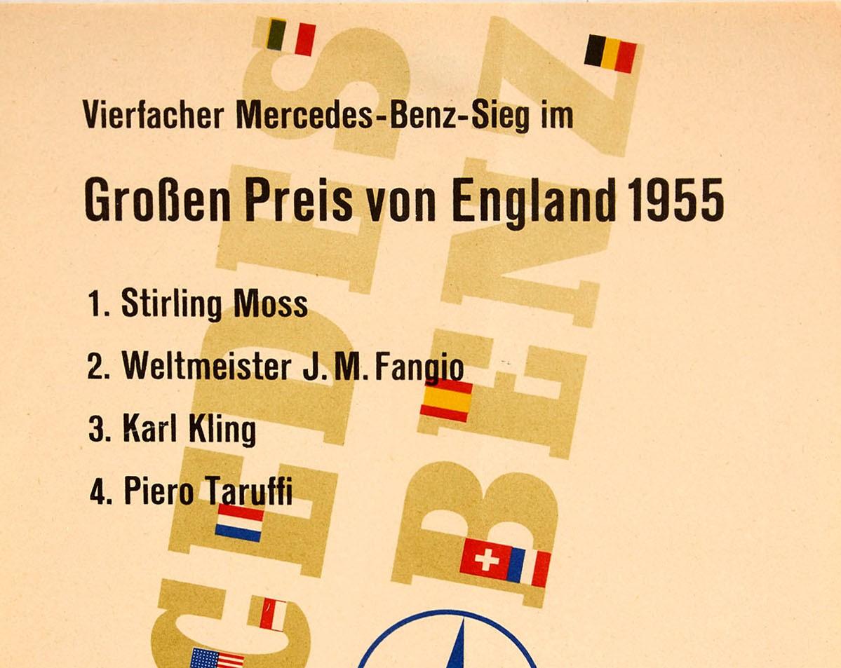 Original vintage poster published in German by Mercedes Benz to celebrate the four wins of its drivers at the 1955 British Grand Prix Vierfacher Mercedes-Benz-Sieg im Grossen Preis von England 1955 1. Stirling Moss (b 1929) winning his first Formula
