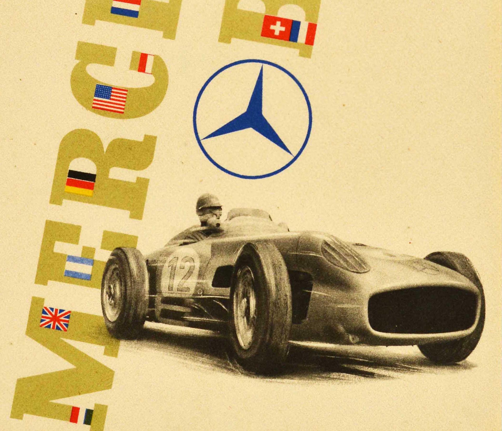 Affiche originale d'époque annonçant la quadruple victoire de Mercedes Benz au Grand Prix d'Angleterre en 1955 - Vierfacher Mercedes-Benz-Sieg im Grossen Preis von England 1955 1. Stirling Moss 2. Weltmeister / Champion du monde Juan Manuel Fangio