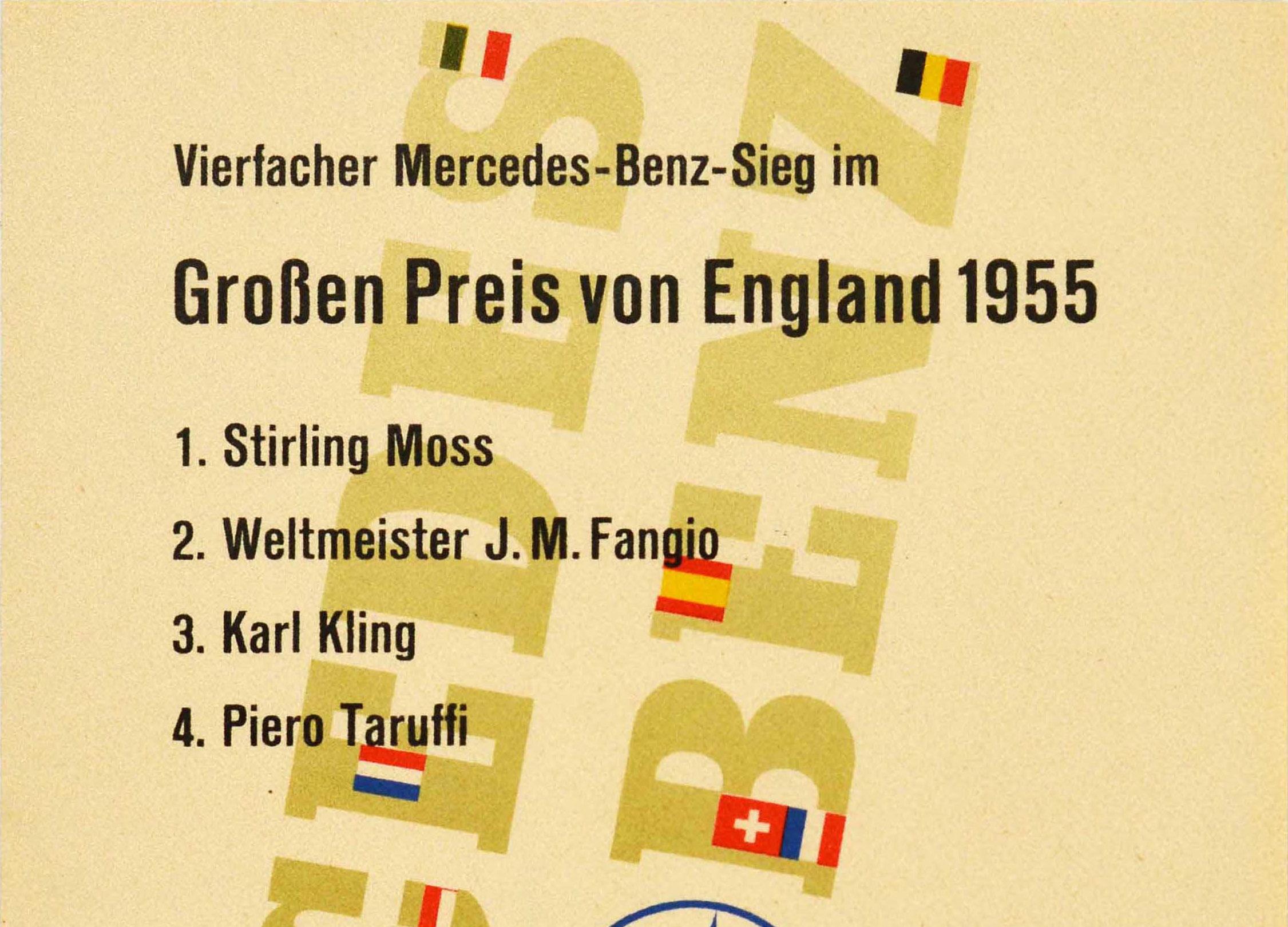 German Original Vintage Poster Mercedes Benz England Grand Prix Victory Stirling Moss For Sale