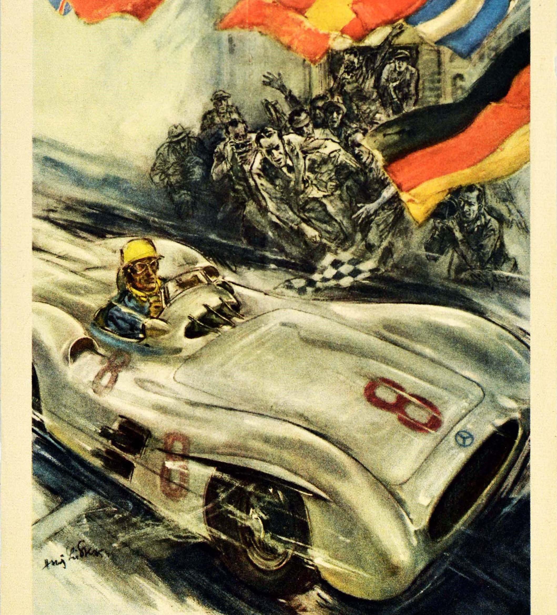 Original vintage double-sided poster published in Swedish by Mercedes Benz to celebrate its racing results in 1954 and 1955. Fantastic illustration on the front depicting a number 8 silver Mercedes-Benz 300 SLR Roadster racing car crossing the