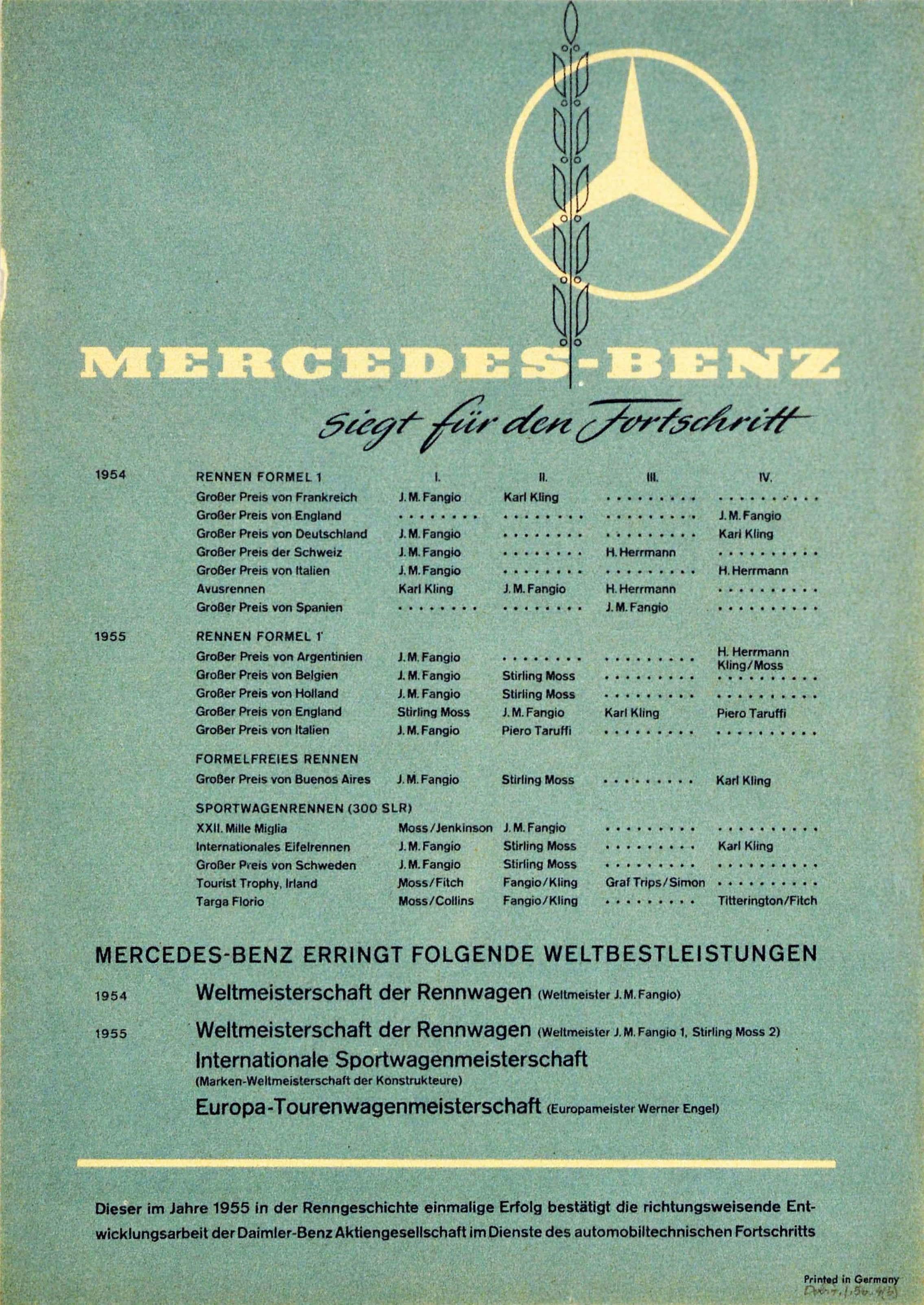 German Original Vintage Poster Mercedes Benz Formula One Grand Prix Car Racing Victory