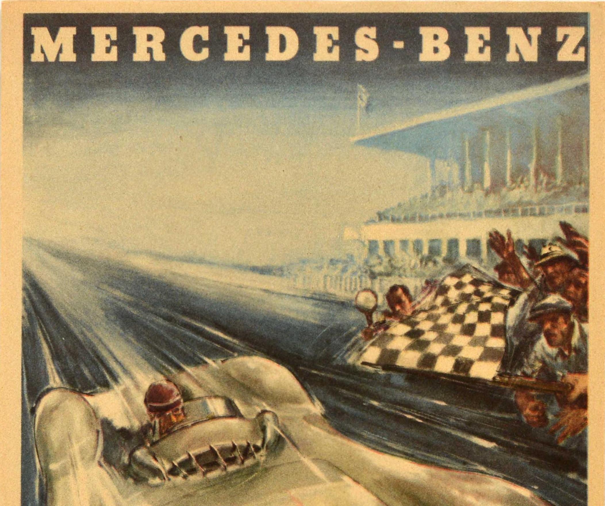 Original vintage motor sport poster for Mercedes-Benz featuring great artwork by the notable Austrian graphic designer, painter and artist Hans Liska (1907-1983) depicting the German racing driver Karl Kling (1910-2003) driving his Mercedes W196 car