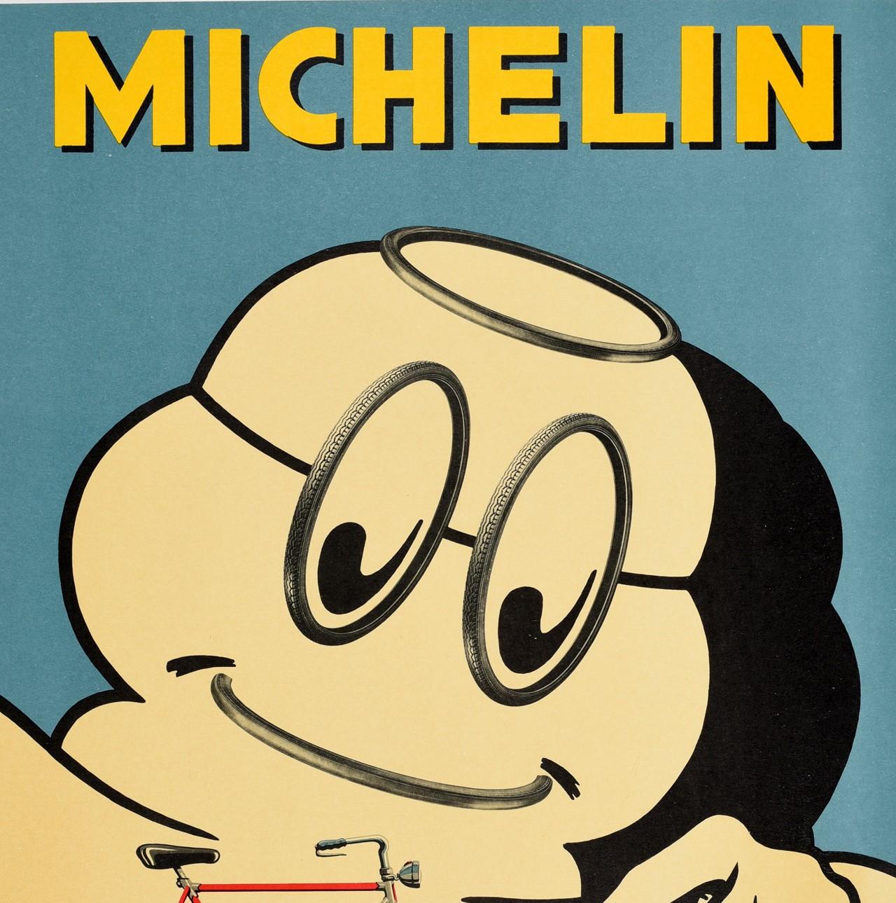 Original vintage poster for Michelin Pneumatici Velo bicycle tyres featuring a fun and colorful design depicting the Michelin Man Bibendum character smiling and touching a new red bicycle with his eyes as bike tires and the bold title text above and