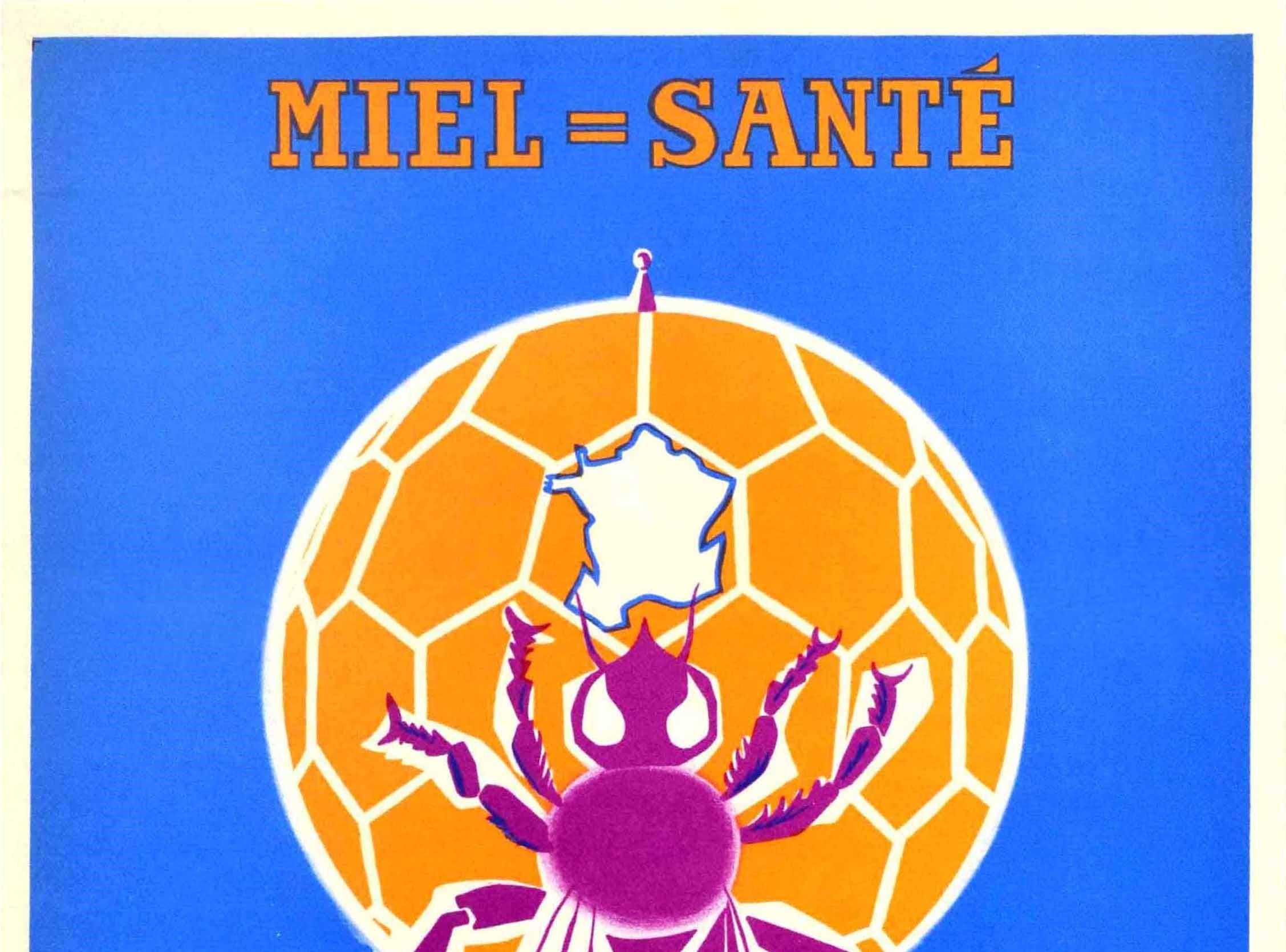 Original vintage food advertising poster for Royal Jelly Honey Pollen / Miel Pollen Gelee Royale featuring a striking image depicting a purple and white bee on a gold globe of the world in a hexagonal honeycomb pattern and an outline of the map of